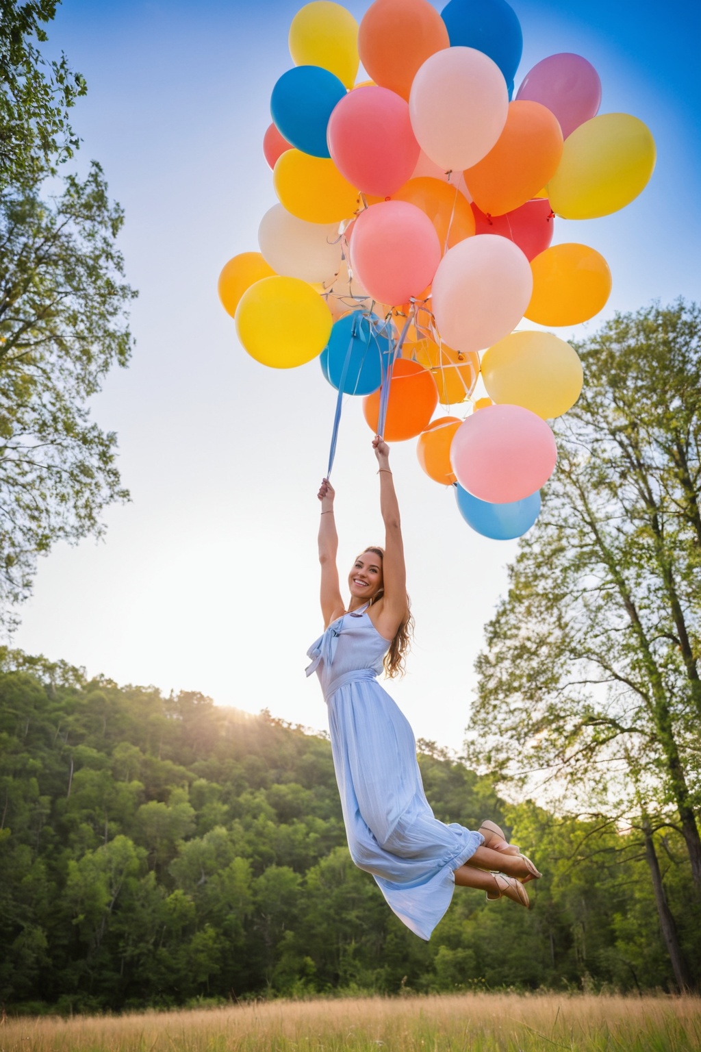 attractive woman,  outside,  being lifted skyward hanging below (massive on Tensor.Art