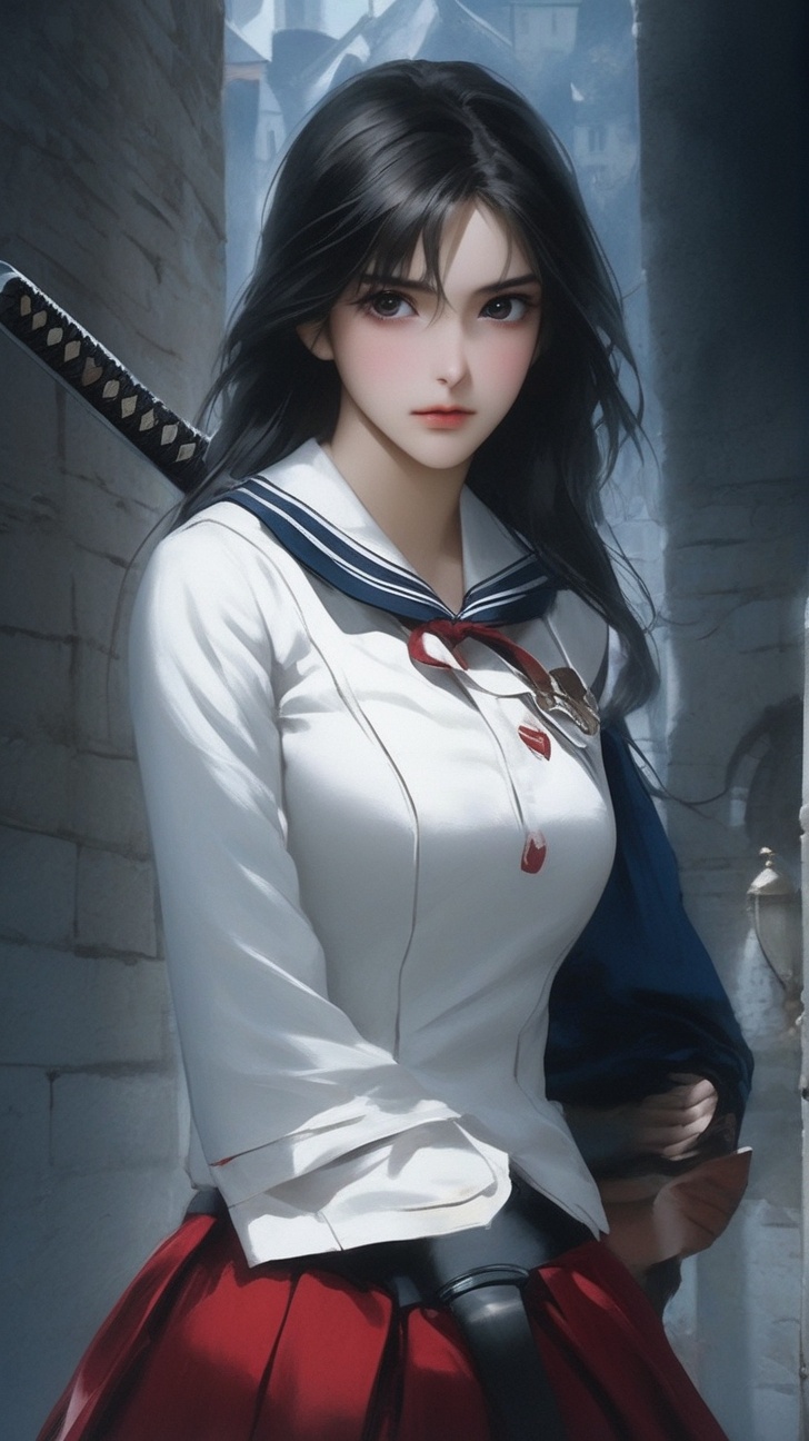 Full figure portrait of a girl \(Blood the vampire hunter Saya\) swinging sword,  sailor student uniform \(blue white colo...