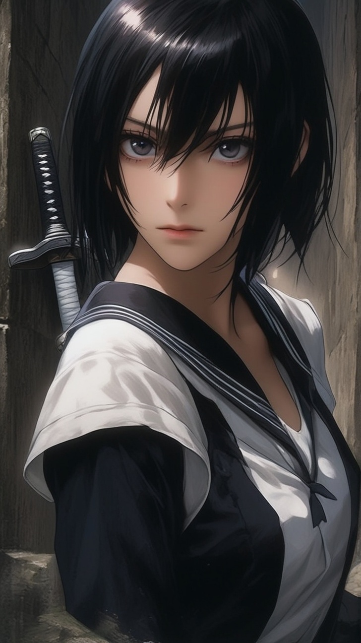 Full figure portrait of a girl \(Blood the vampire hunter Saya\) swinging sword,  sailor student uniform \(blue white colo...