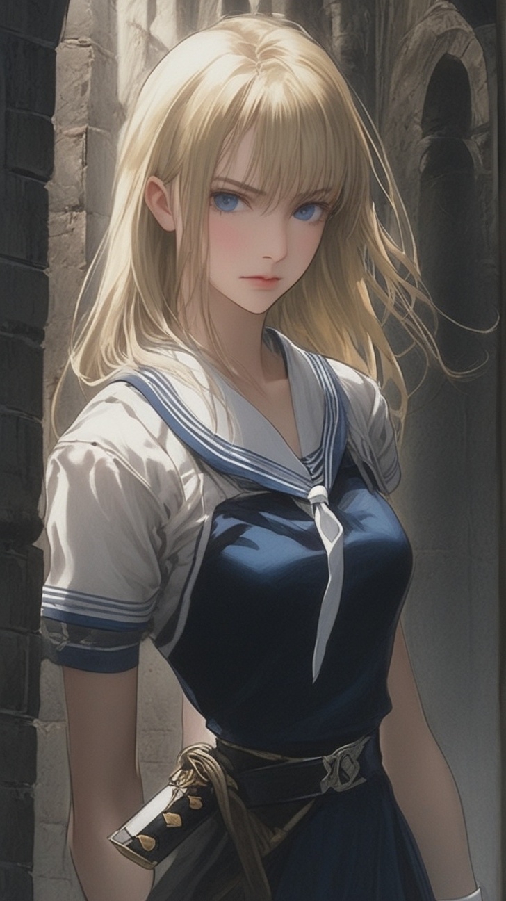 Full figure portrait of a girl \(Blood the vampire hunter Saya\) swinging sword,  sailor student uniform \(blue white colo...