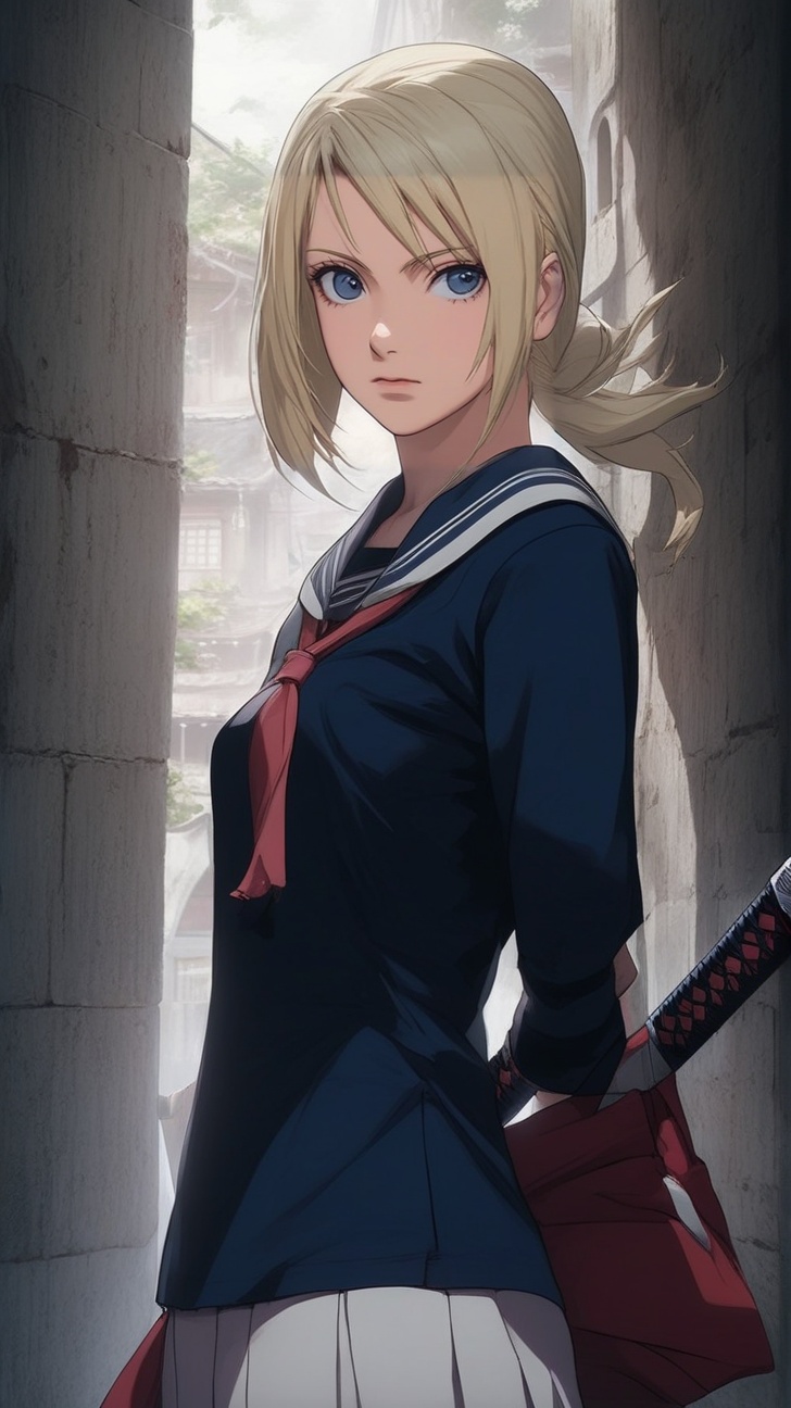 Full figure portrait of a girl \(Blood the vampire hunter Saya\) swinging sword,  sailor student uniform \(blue white colo...