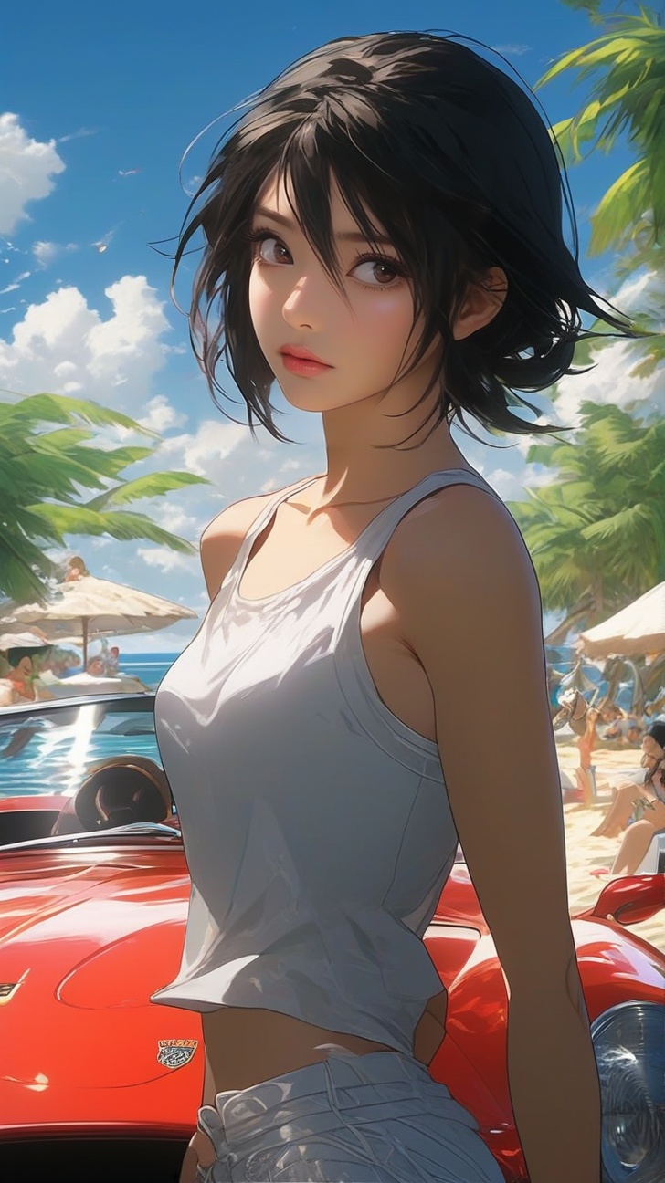 Ultra-detailed anime of a pretty girl,  leaning on a sports car,  detailed exquisite face on Tensor.Art