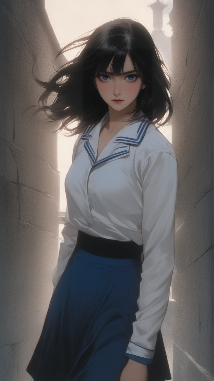 Full figure portrait of a girl \(Blood the vampire hunter Saya\) swinging sword,  sailor student uniform \(blue white colo...