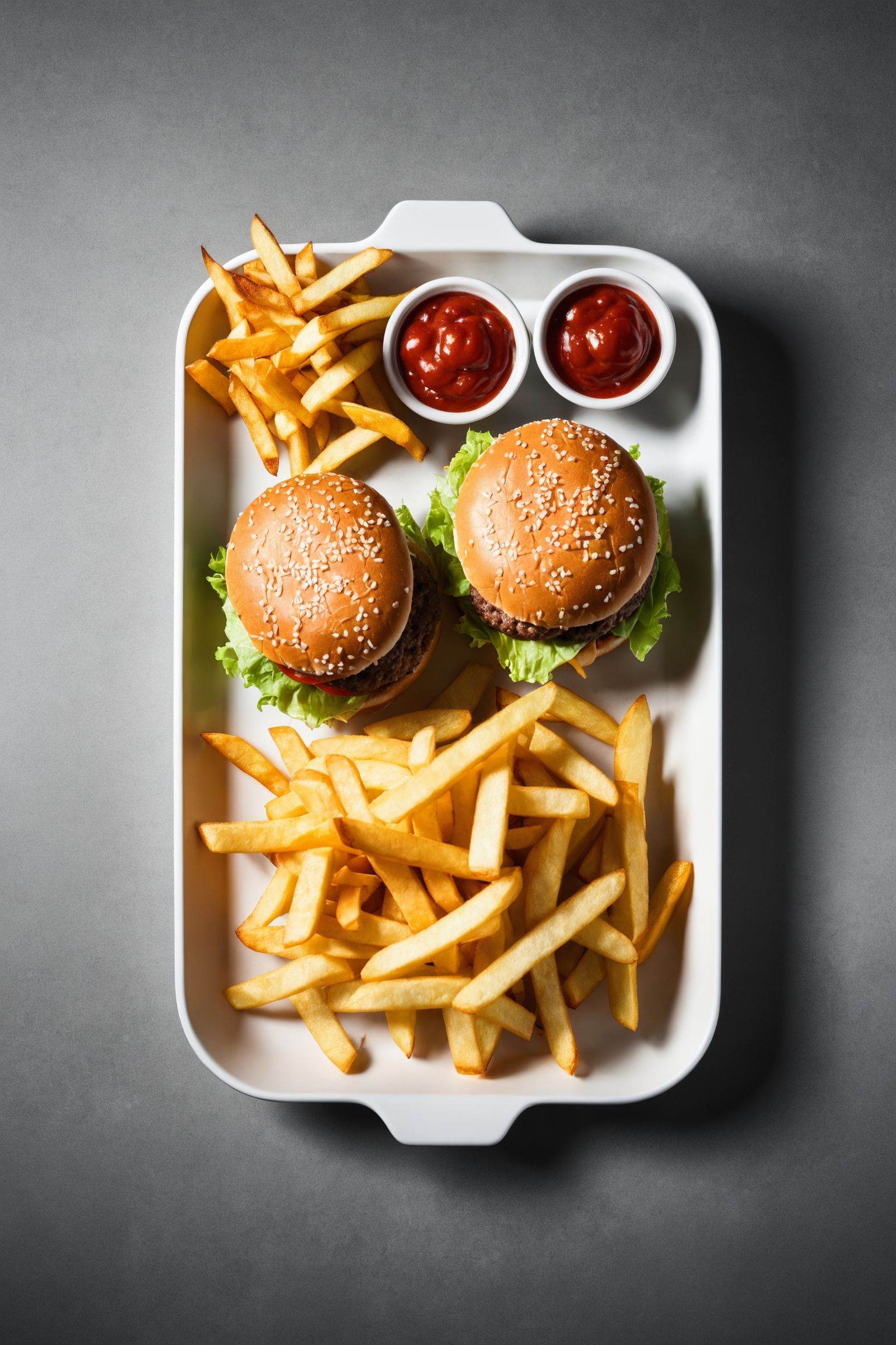 masterpiece,  centered,  two tiny burgers and a bunch of french fries on Tensor.Art