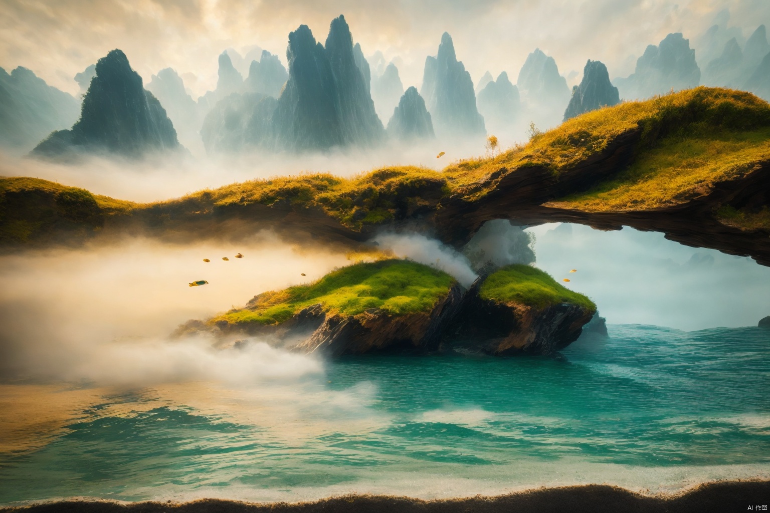  Fish ****, sea water fish ****, sunken wood, fish, fog, landscap