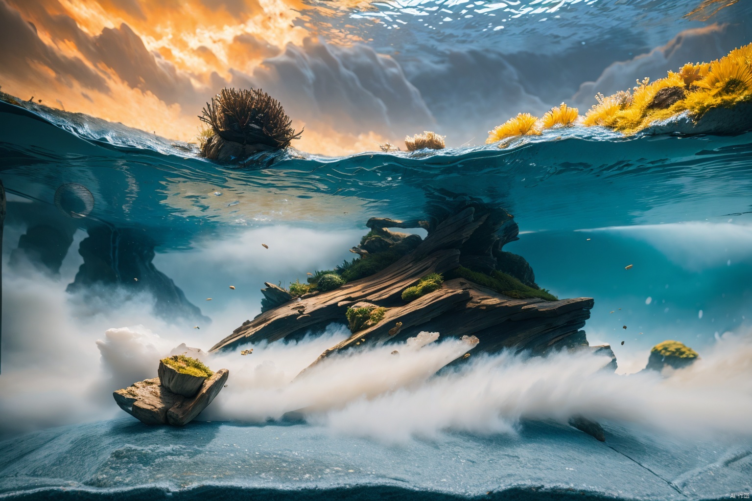  Fish ****, sea water fish ****, sunken wood, fish, fog, landscap