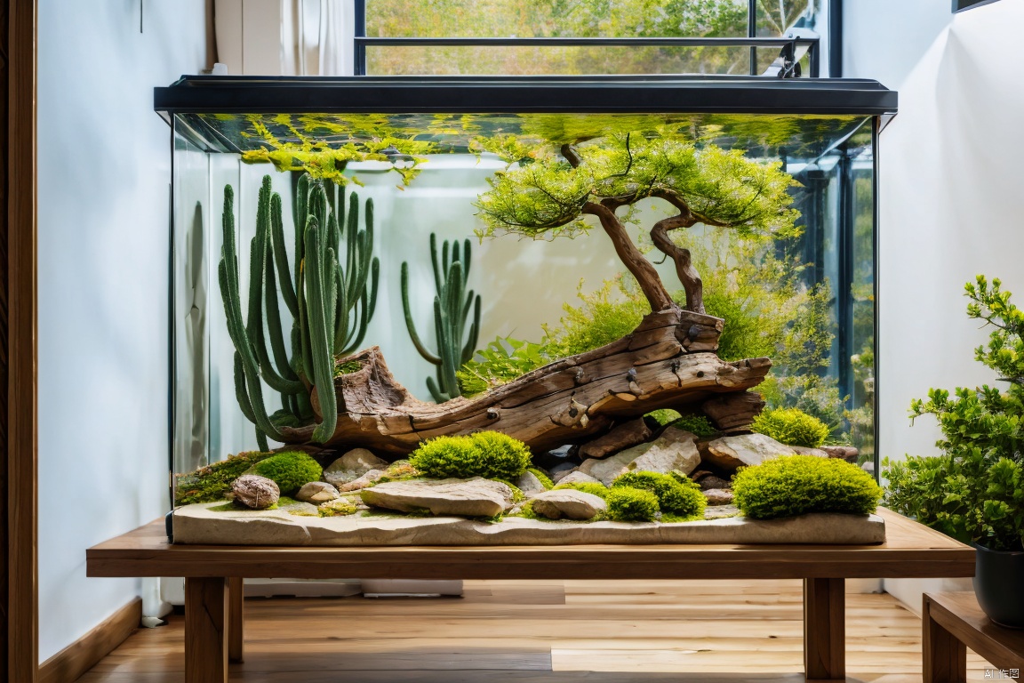  indoors, no humans, window, table,duorou, scenery,sad,sand,wood,Cactus,aquarium
, landscape,  duorou, outdoor