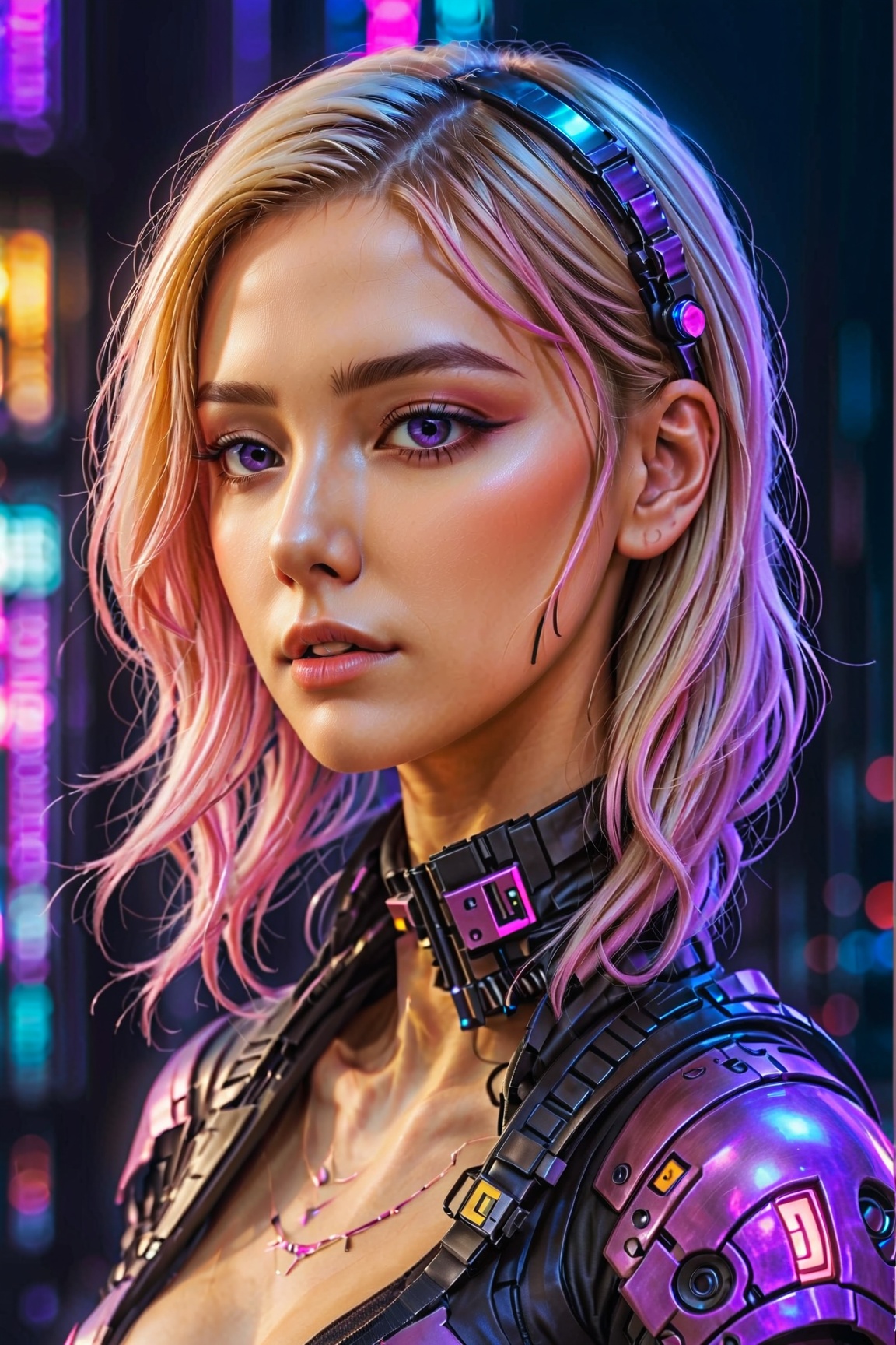 a blonde woman with hair shaved on one side and long to her chin on the other,  she is about 22 years old,  very cyberpunk...