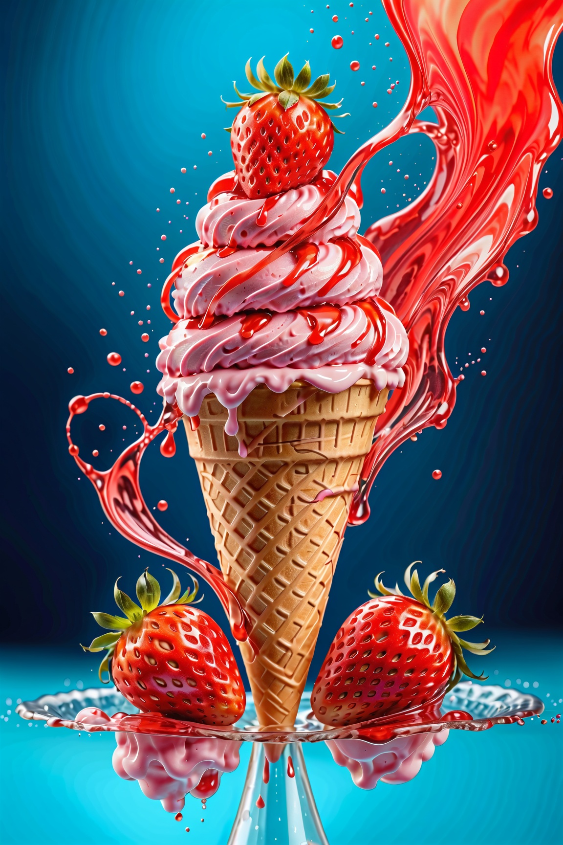 A delicate strawberry colorful luminescence ice cream concept design. Colorful water splash around the ice cream. A refres...