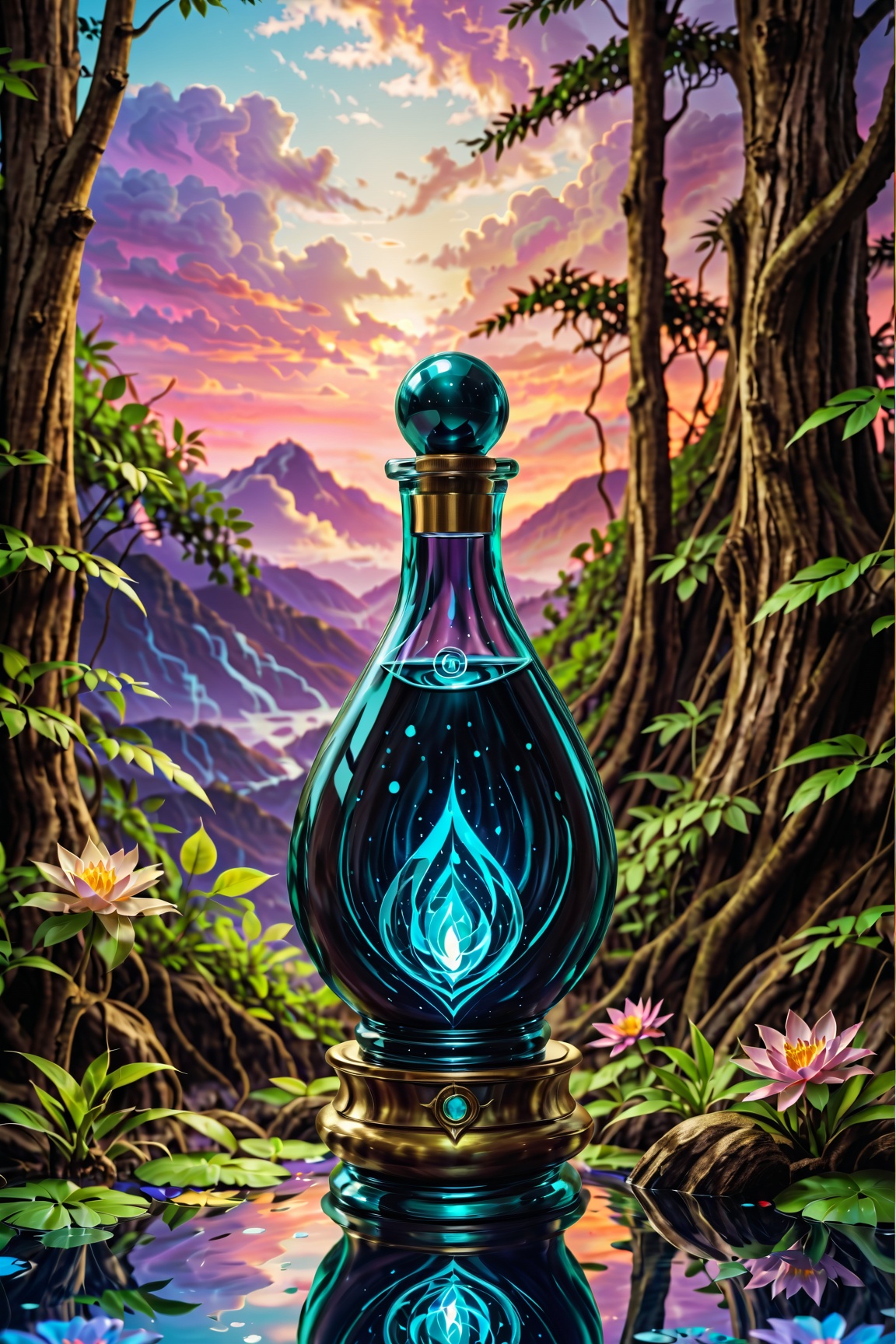 Potion of Eternal Youth: "Design a potion of luminous,  pearlescent liquid,  in an elegantly shaped bottle with eternal yo...