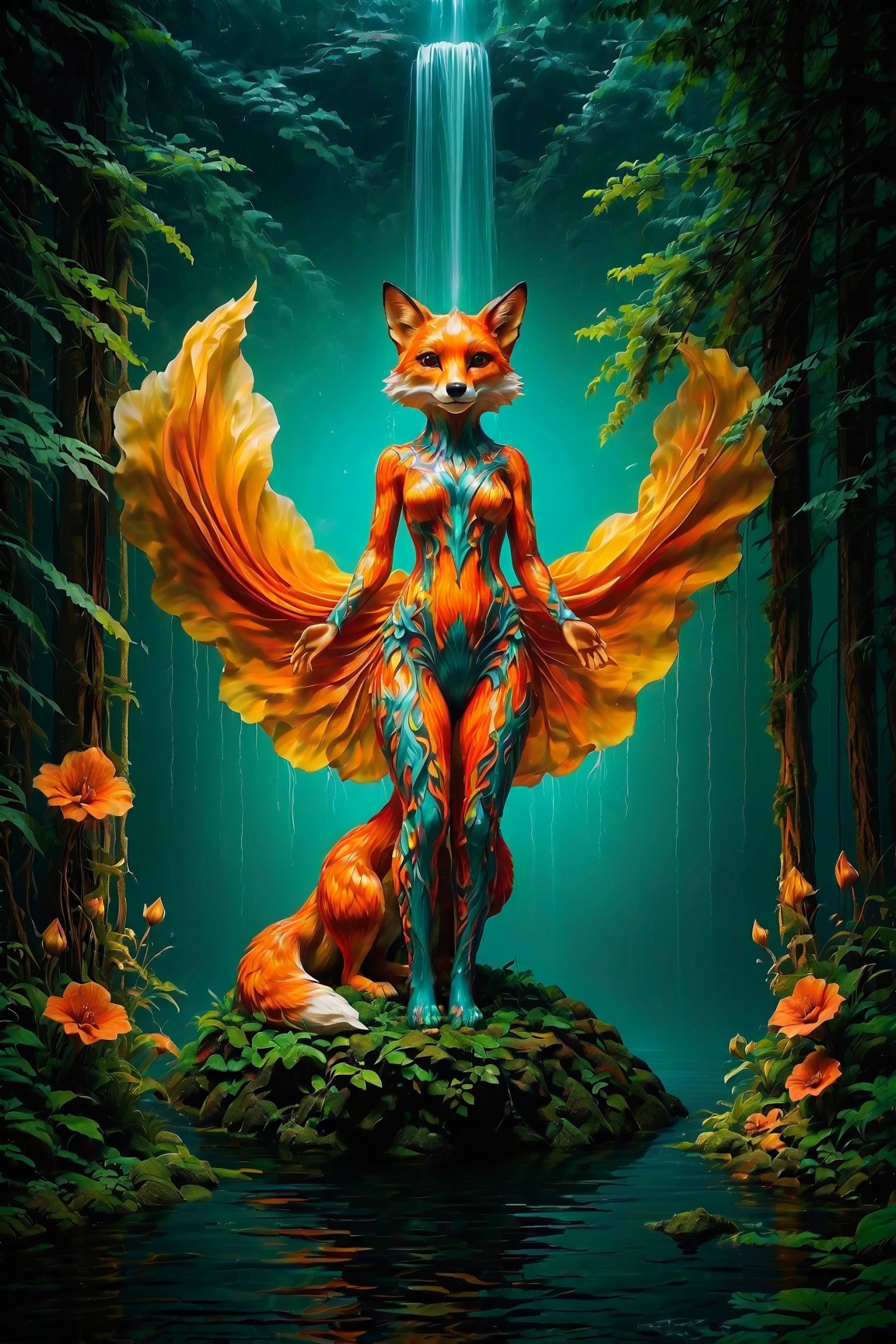 Full far body shot f a crystafufoxygirl in a cave near waterfall ,  Craft mesmerizing artwork by juxtaposing celestial ele...