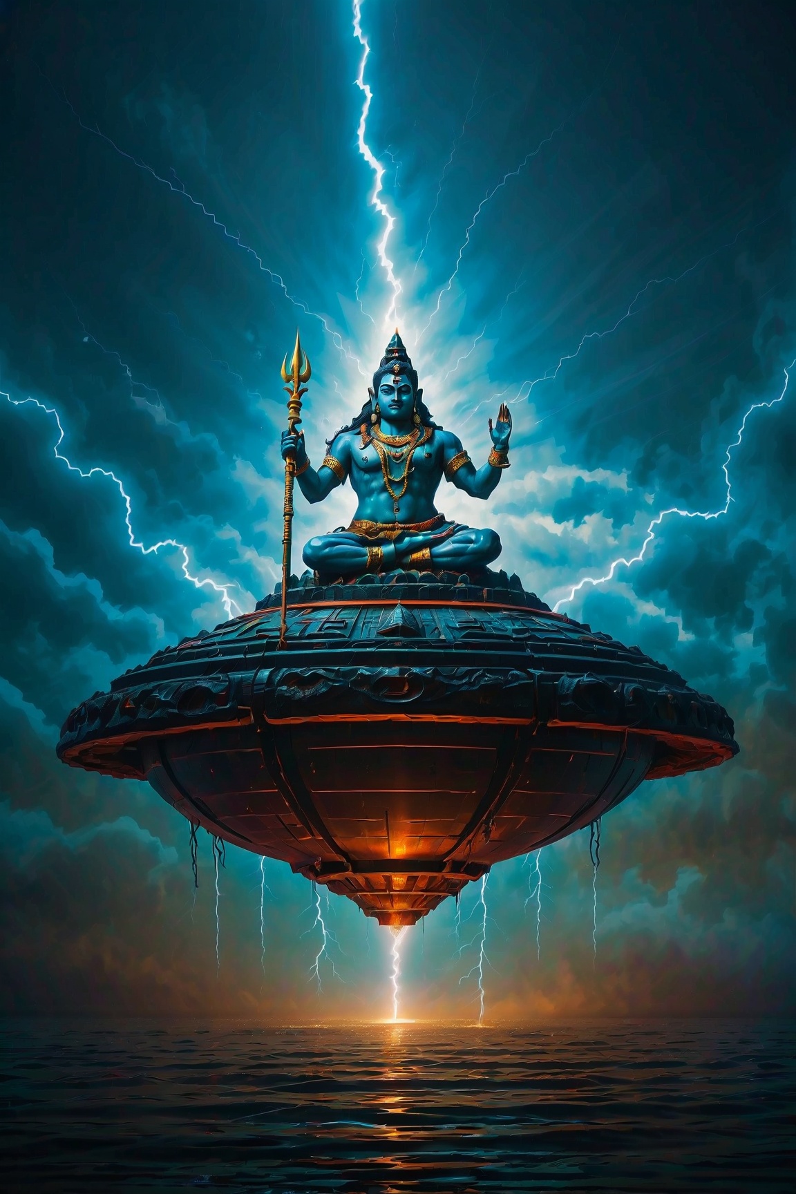 Shiva god piloting a space ship shooting lightning at giants on Tensor.Art