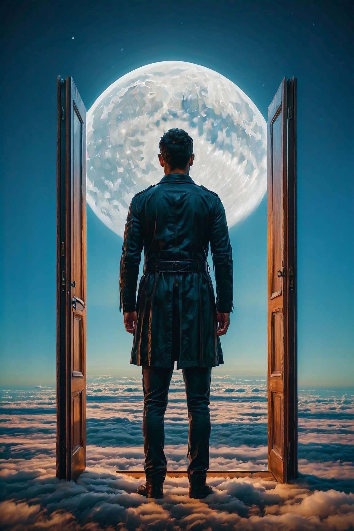 A man standing inside an open door on a mobile phone above the clouds,  the moon rising in the middle of the door and shin...