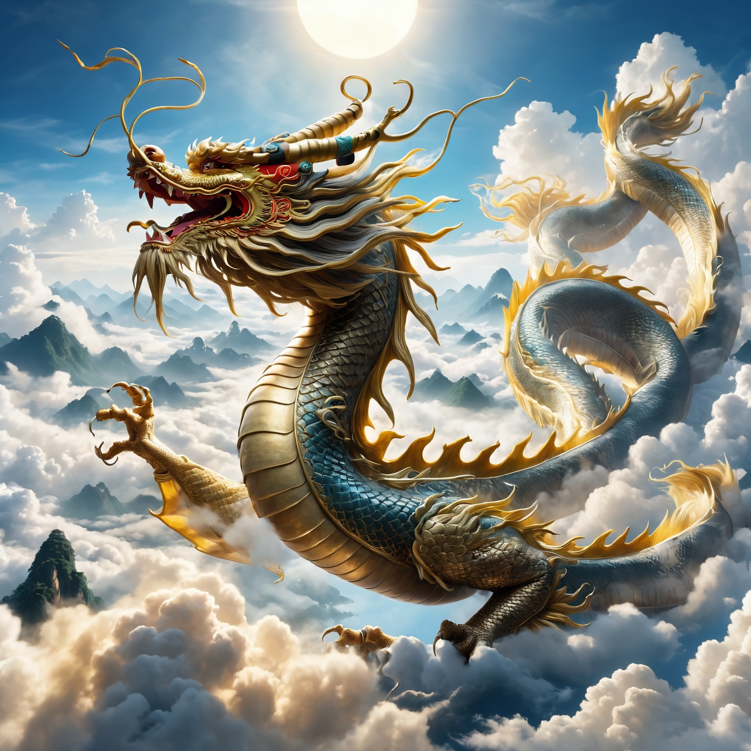 Majestic scene of 'The dragon soars in the sky' from the I Ching,  magnificent Chinese dragon,  detailed and vibrant on Te...