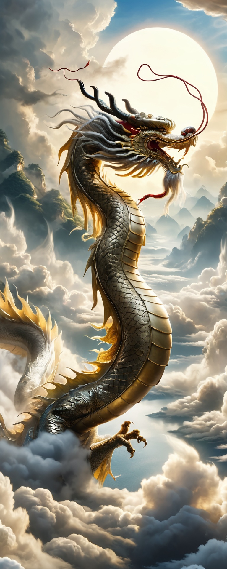 Majestic scene of 'The dragon soars in the sky' from the I Ching,  magnificent Chinese dragon,  detailed and vibrant on Te...