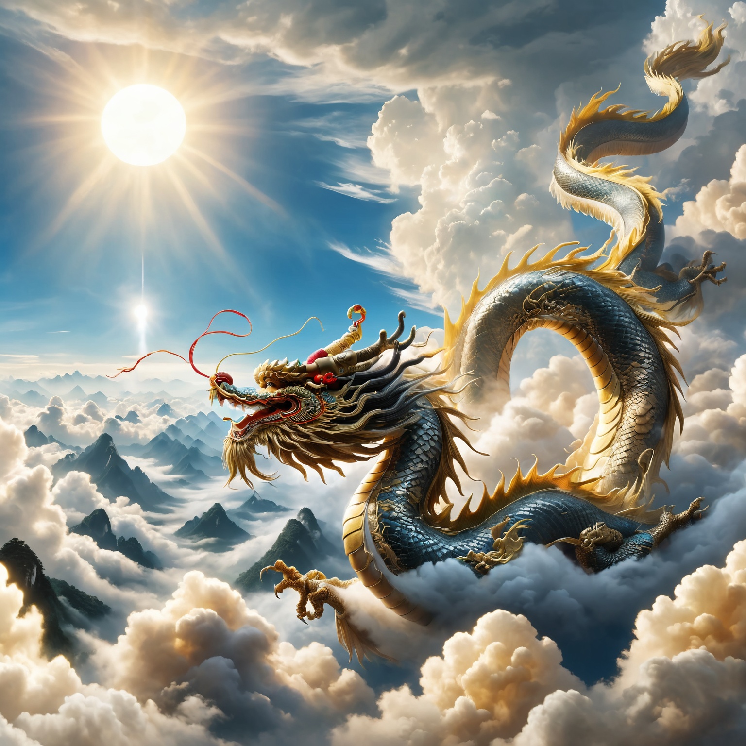 Majestic scene of 'The dragon soars in the sky' from the I Ching,  magnificent Chinese dragon,  detailed and vibrant on Te...