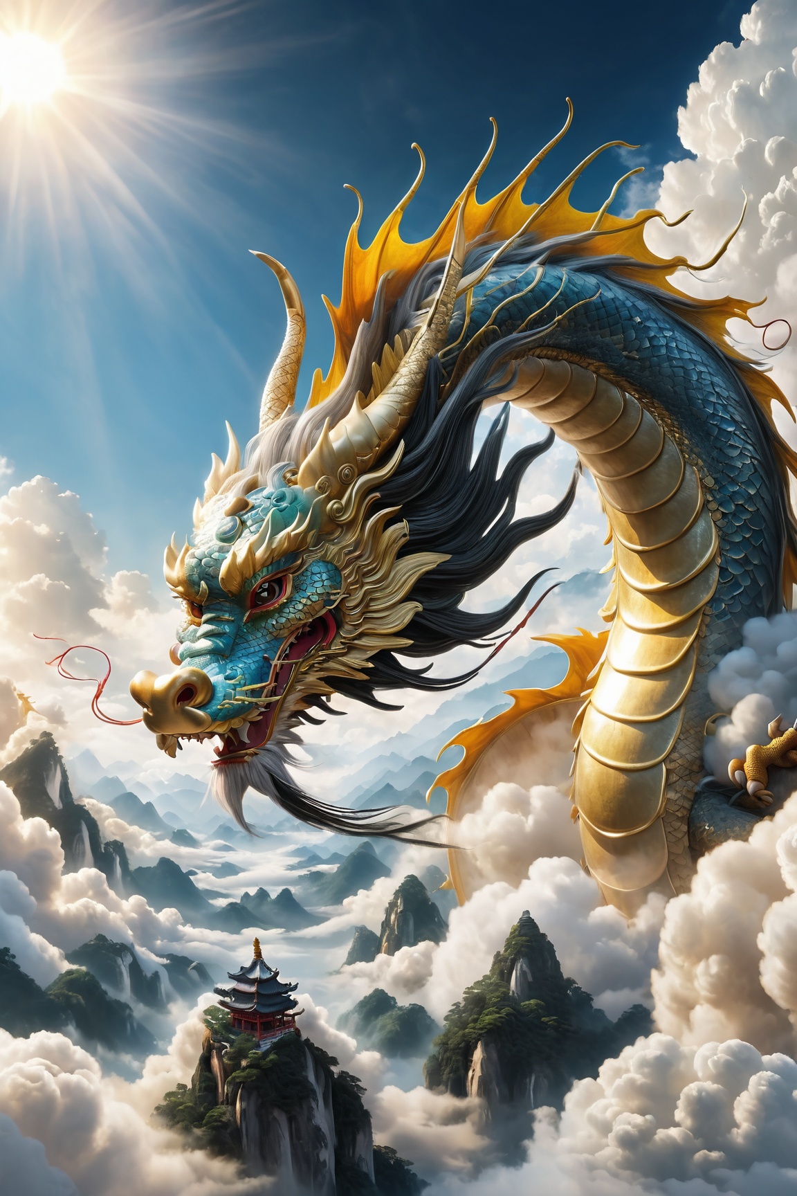 Majestic scene of 'The dragon soars in the sky' from the I Ching,  magnificent Chinese dragon,  detailed and vibrant on Te...