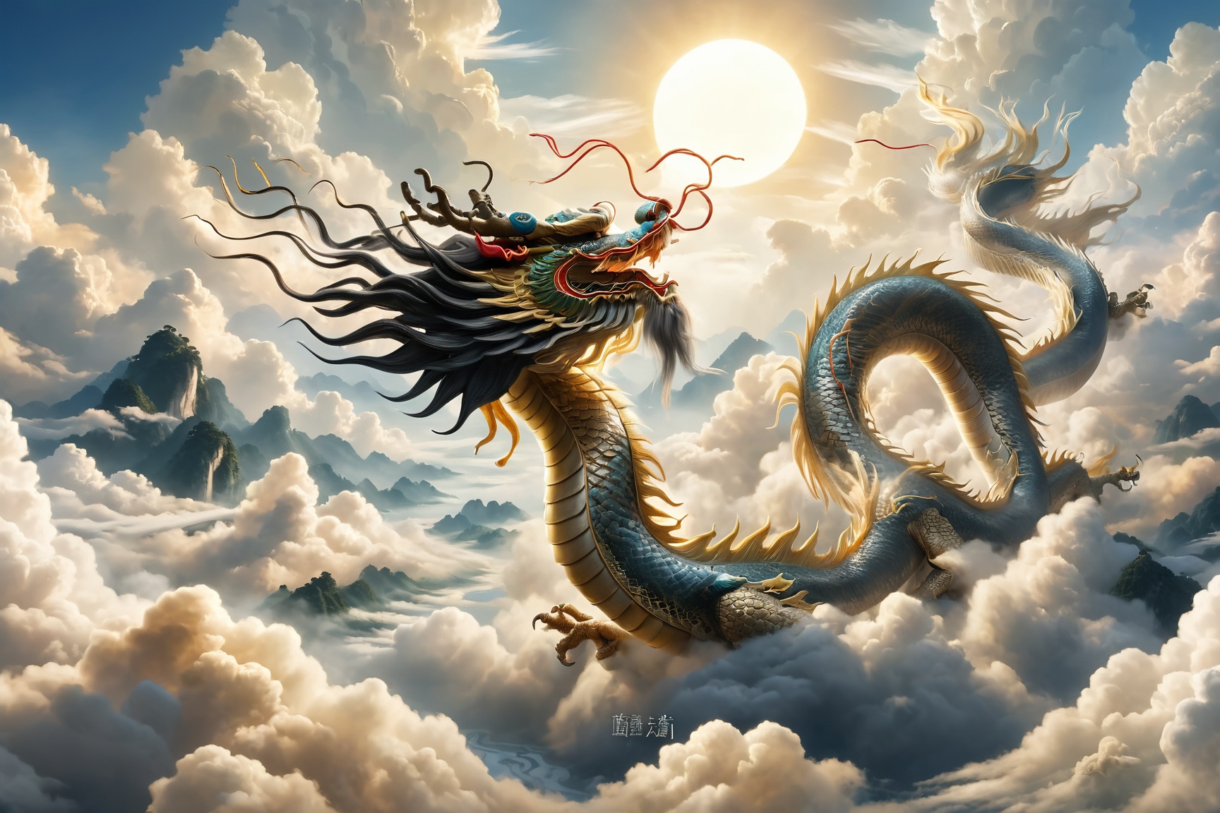 Majestic scene of 'The dragon soars in the sky' from the I Ching,  magnificent Chinese dragon,  detailed and vibrant on Te...