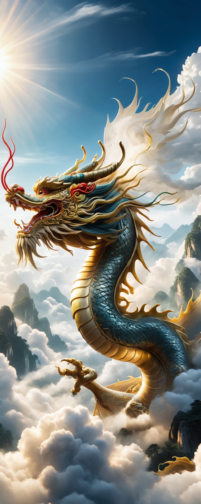 Majestic scene of 'The dragon soars in the sky' from the I Ching,  magnificent Chinese dragon,  detailed and vibrant on Te...