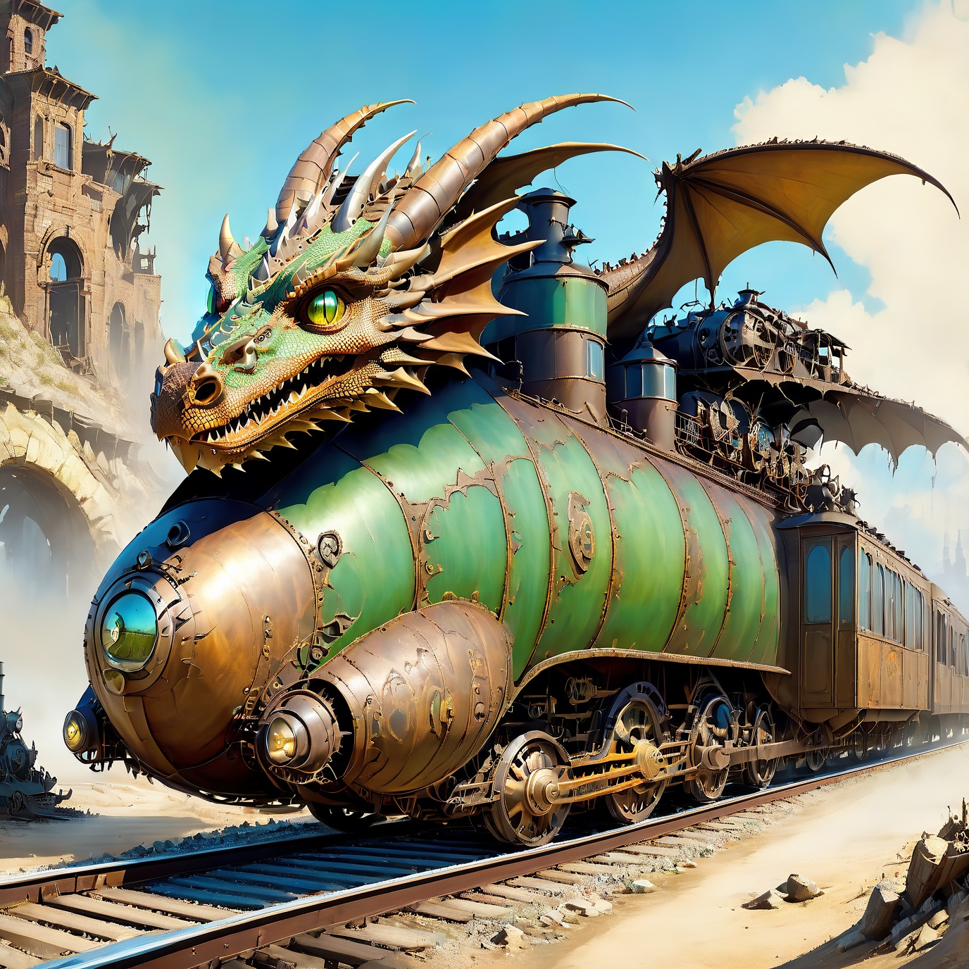 (masterpiece),  (best quality),  dragon train on railroads on Tensor.Art