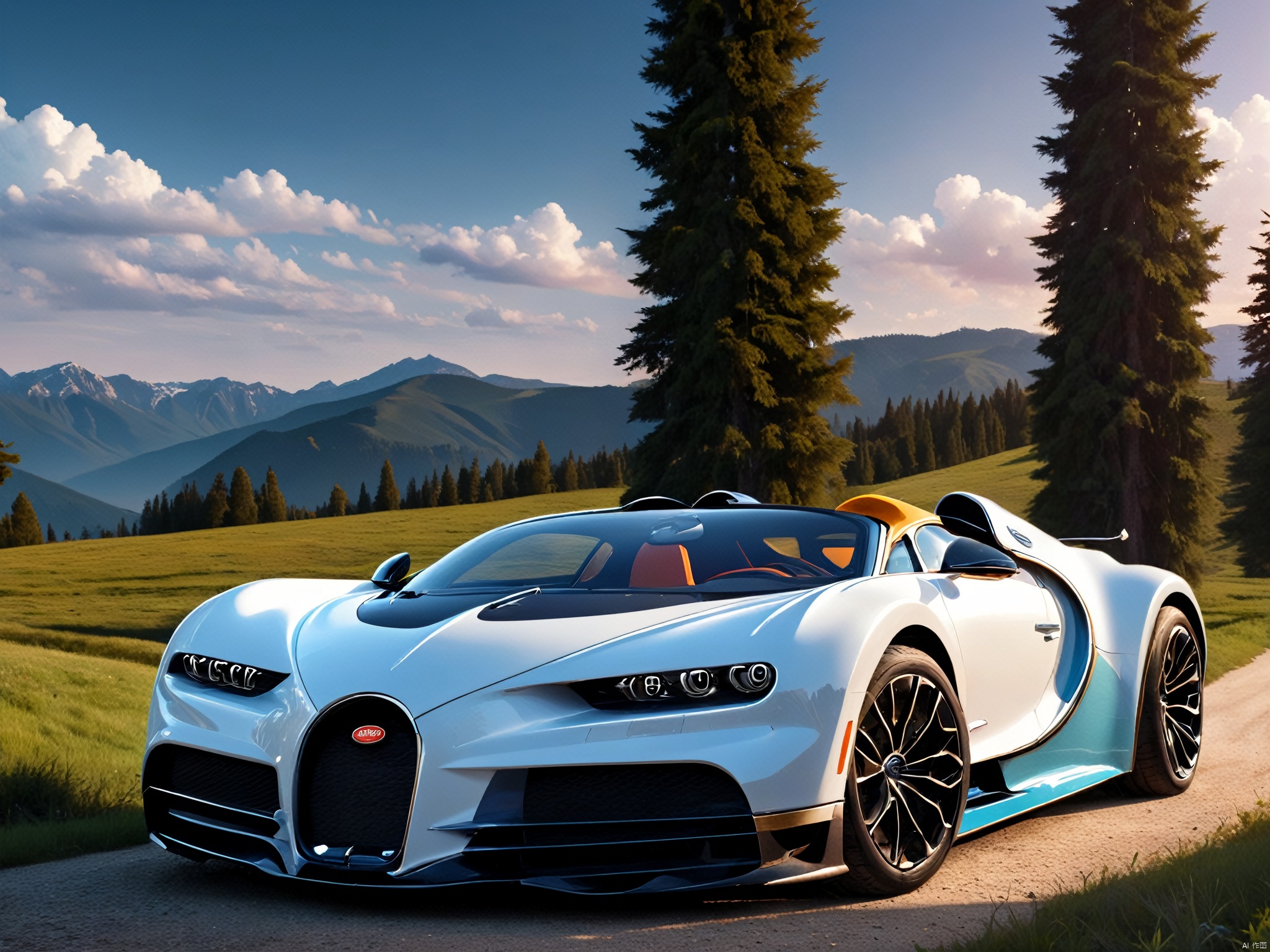  lifelike, precise, vibrant, absurdres,((bugatti concept car)) in Wonderland landscape,magical forest,the sign with text "CGArt" on it,(dreamlike elements:1.1),BREAK,vivid colorful sky with clouds, light up the surroundings,cinematic lighting, light master