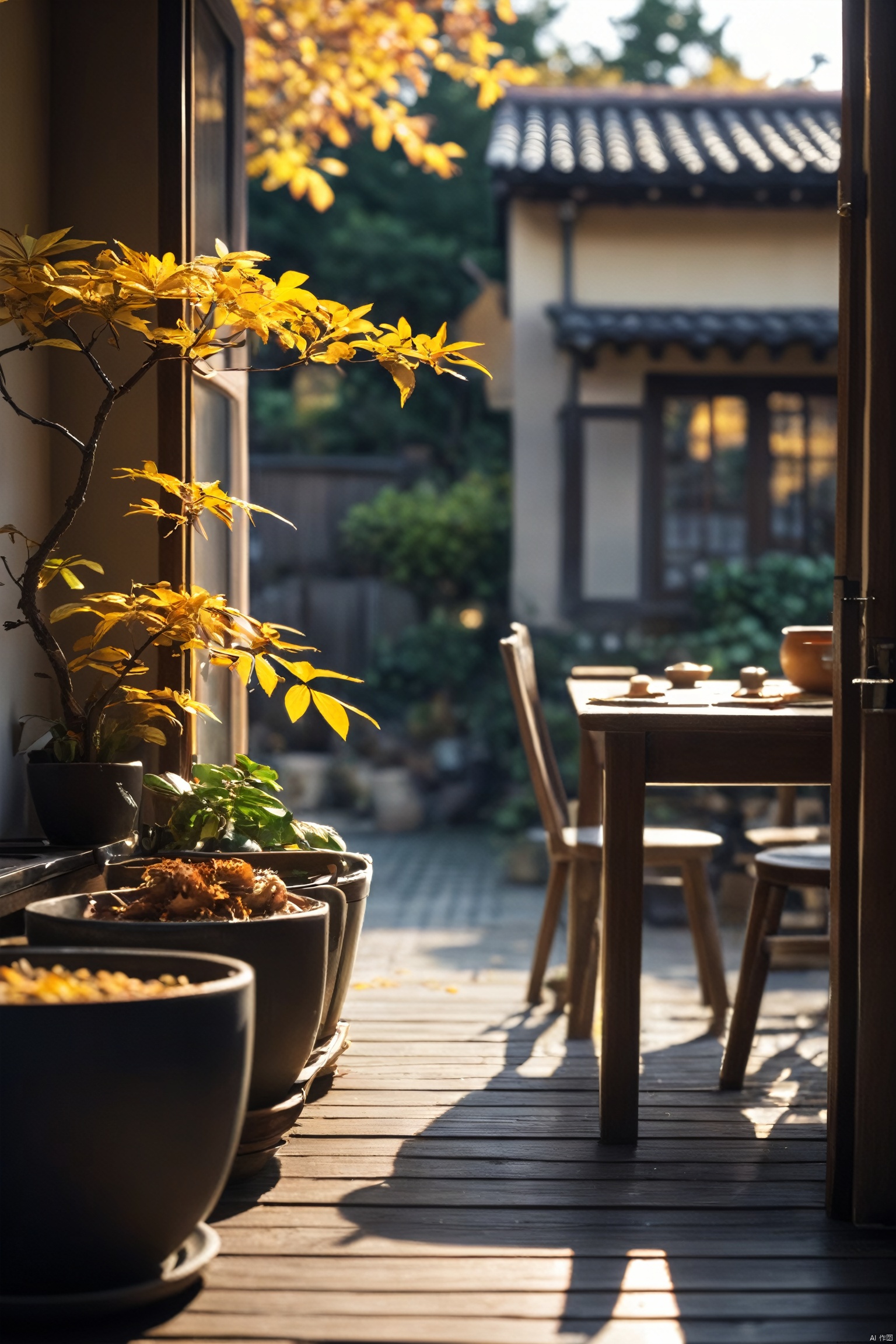  ((nobody)), countryside, autumn, fallen leaves, yellow leaves, landscape, indoor, (kitchen), house, door, window, yard, table and chairs, bowls and chopsticks, dish, outdoor, plant, potted plant, tree, flowerpot, miyazaki style,bokeh
, Light master, light master