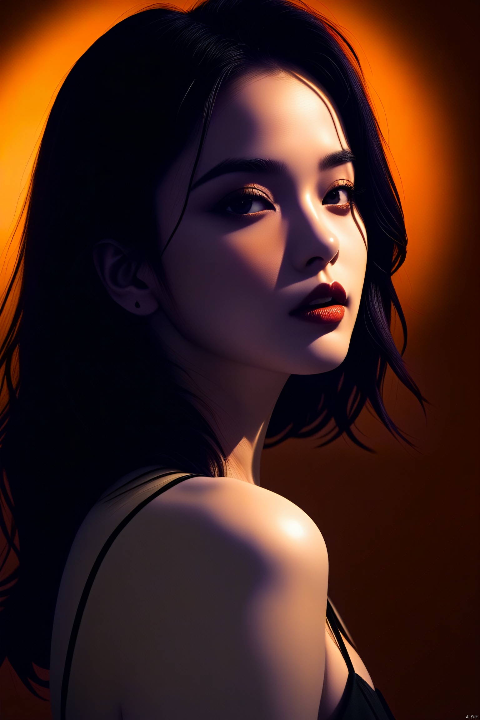  spotlight,1girl,upper body,dark theme,looking at viewer,parted lips,orange background,beautiful detailed skin,spotlight,dark theme, spotlight,dark theme,, silhouette, light master