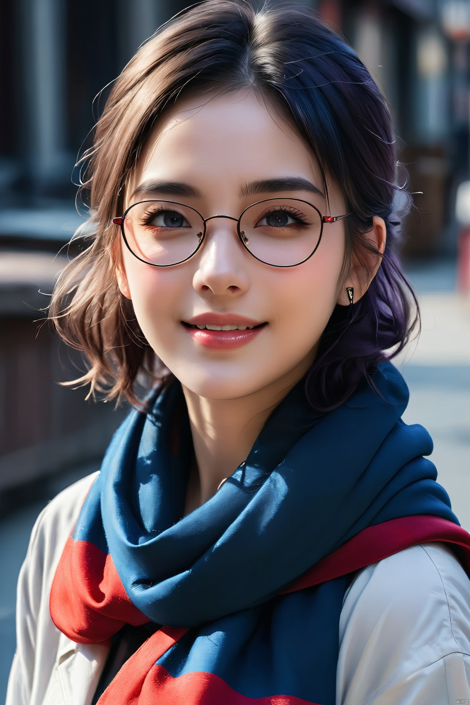  1girl, blue eyes, black hair, realistic, scarf, looking at viewer, twintails, solo, lips, long hair, portrait, nose, closed mouth, red-framed eyewear, solo focus, finger to mouth, simple background, traditional media, pov, purple scarf, eyelashes, close-up, mole, blue background, bangs, signature, upper body, adjusting eyewear, goggles, parted lips, out of frame, red lips, hair between eyes, pov hands, open mouth, blush, makeup, brown hair, grey background, eye focus, lipstick, smile, expressionless, eyewear on head, parted bangs, semi-rimless eyewear, mole under mouth, poking, blurry, freckles, red scarf, looking over eyewear, breasts, blue hair, reflection, two side up, mole under eye, short hair, round eyewear, biting, short twintails, ribbon, painterly, pointing, hand up, realistic details, surrealistic, sense of reality, very realistic, very realistic, intense contrast of light and shadow, Light master, light master