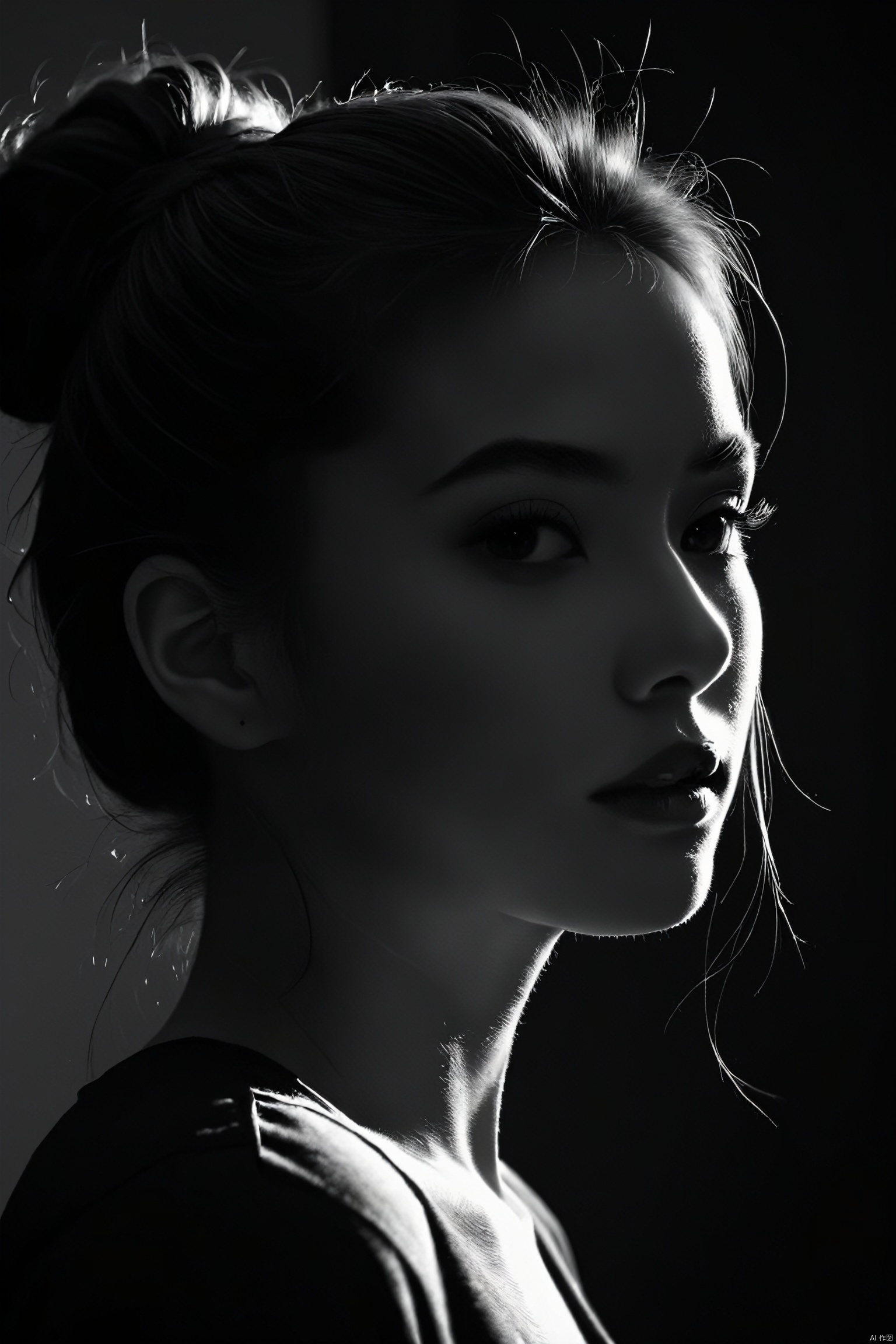  1girl,spotlight,silhouette,parted lips,looking at viewer,monochrome,portrait,deatailed beautiful face,hair bun,simple background,dark background,, silhouette, light master