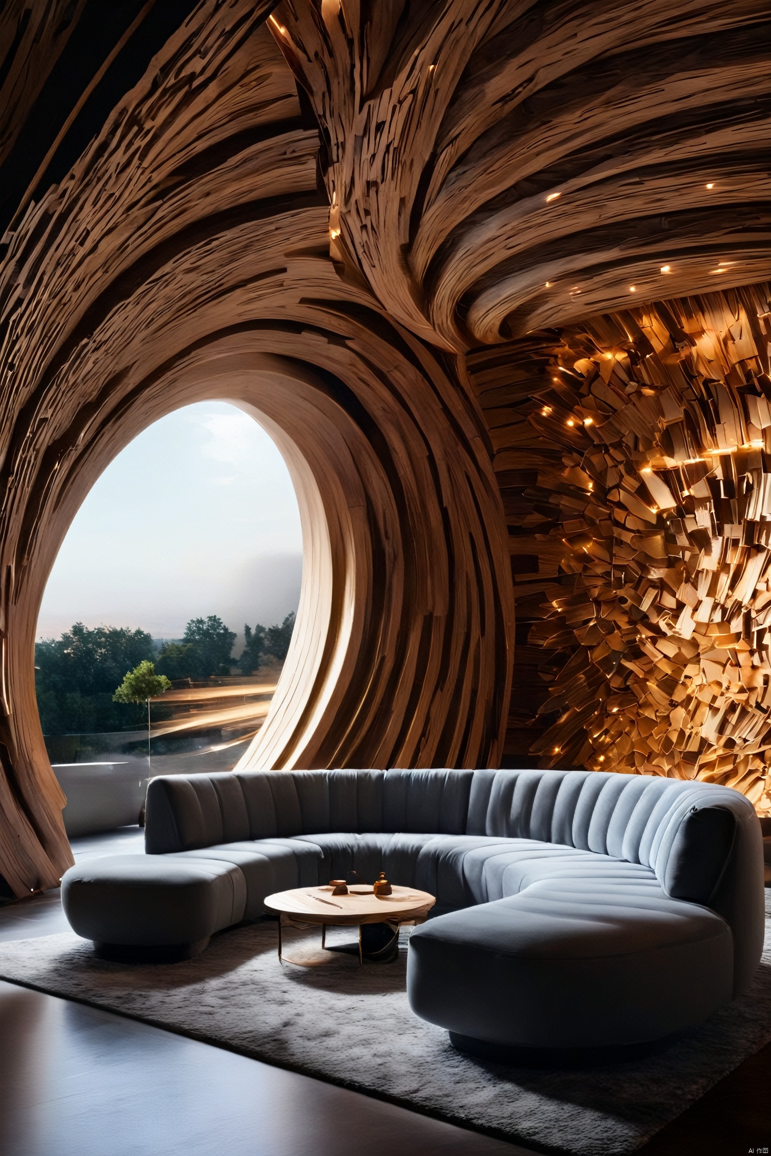  (Best quality, 4K, architectural photography, Masterpiece: 1.2), (Realiy: 1.4), (Installation art:1.2), bold lighting, Complex log curved modeling background, depth of fields,Gray sofa,Detailed details,High-definition realism, Light master, light master