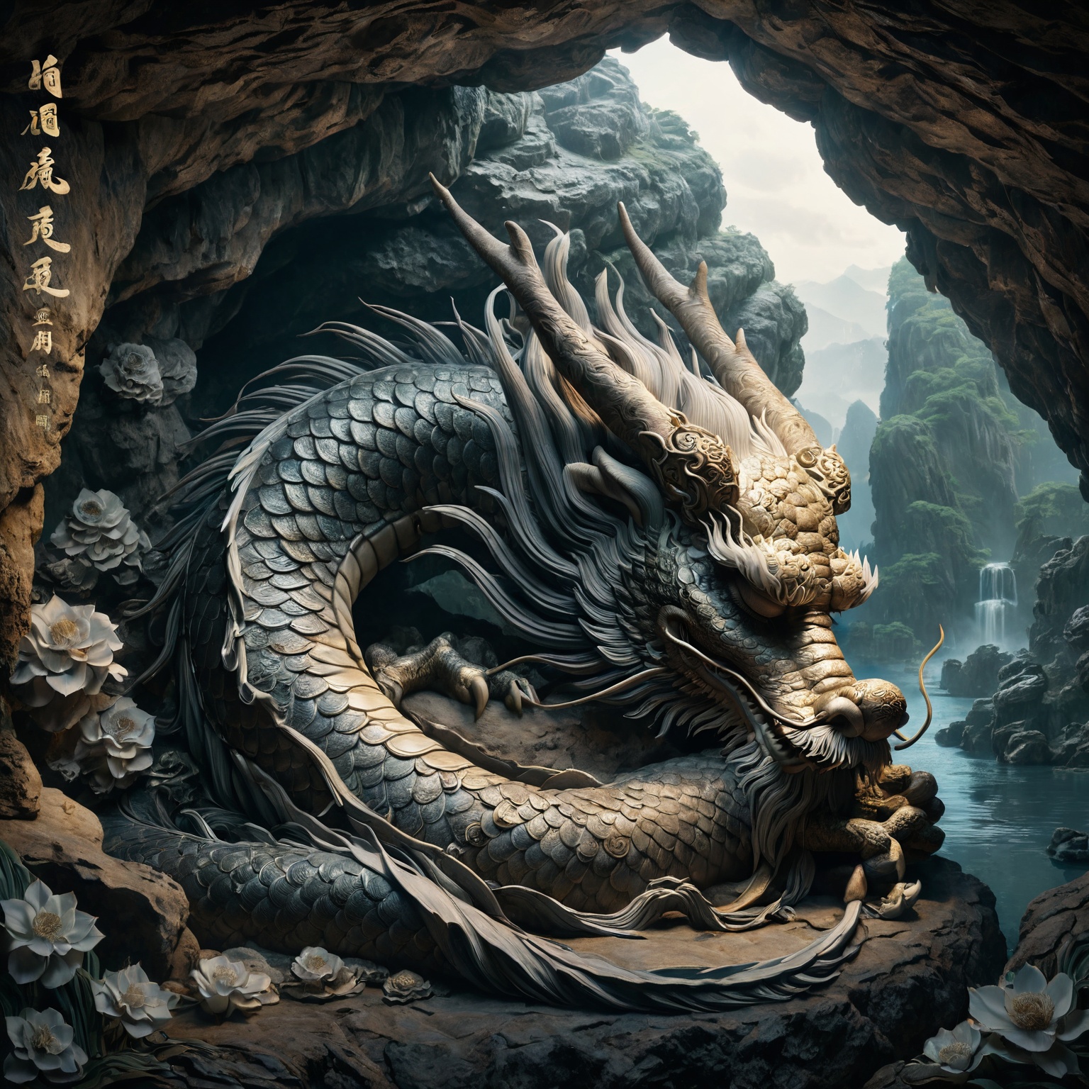 Chinese dragon sleeping in a deep ancient cave,  head bowed,  dignified and introspective on Tensor.Art