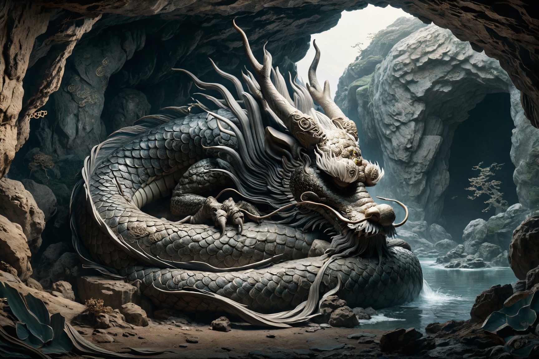 Chinese dragon sleeping in a deep ancient cave,  head bowed,  dignified and introspective on Tensor.Art
