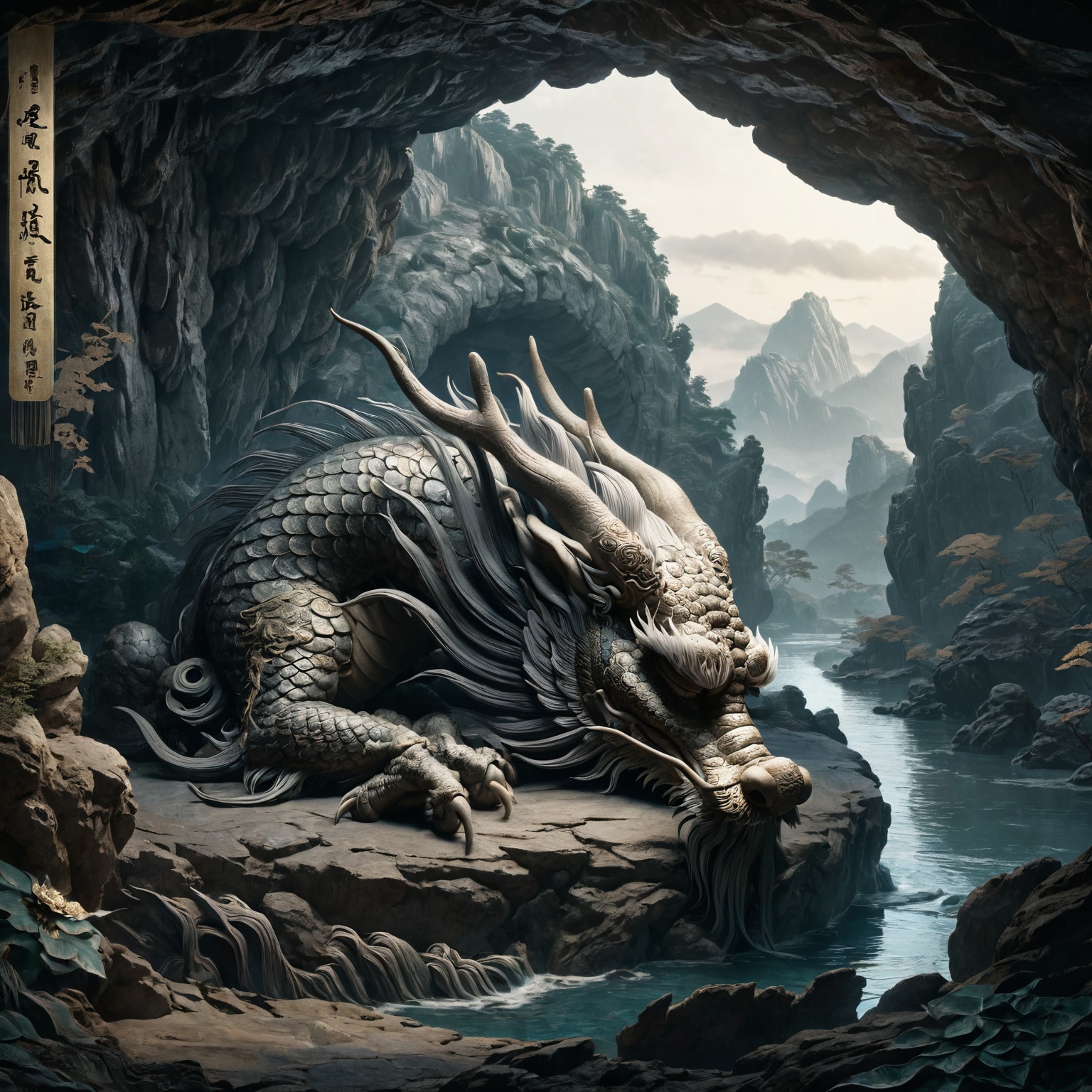 Chinese dragon sleeping in a deep ancient cave,  head bowed,  dignified and introspective on Tensor.Art