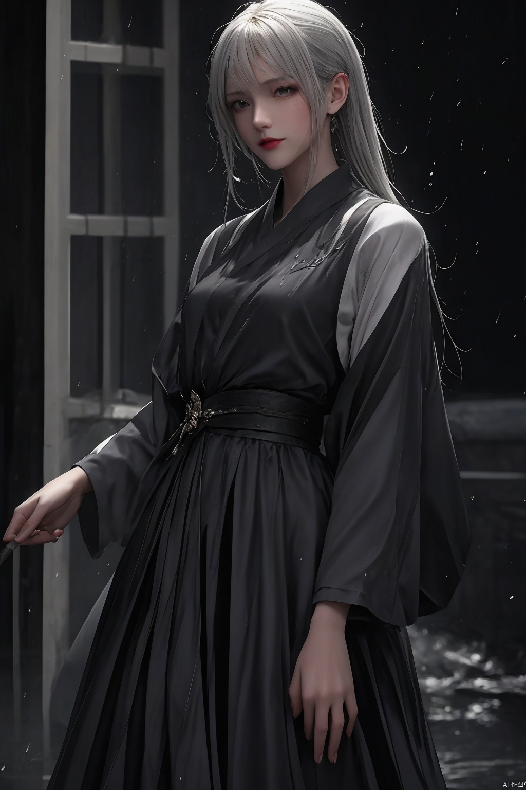  Cool theme, masterpiece, Cowboy lens, A girl, solo, Bare face, Exquisite features, Lengyan, female focus, A perfect figure, Long white hair: 1.5, (White-Hanfu-kimono）, ((sword in hand)), Splash: 1.3, In the rain: 1.3, fine gloss, Black Background: 1.5, splash water, Contour light on the face, god rays, ray tracing, reflection light, anaglyph, motion blur, cinematic lighting, motion lines, Depth of field, Hyperrealism, 8K, best quality, textured skin, 1080P, ccurate, HD, high quality, high details