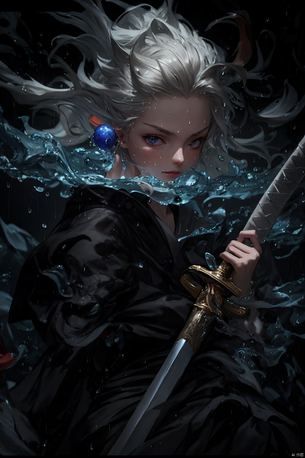 High detailed,  masterpiece,  A girl,  Half-body close-up,  solo,  female focus,  Gray hair: 1.35,  long hair,  ponytail,  （Black,  Hanfu|kimono）,  Suspended water waves: 1.5,  Water Droplet Splash: 1.2,  (In the rain: 1.5),  /（Suspension: 1.3),  /,  BREAK,  Handheld: 1.31/(swords.),  Blade,  / Sword hilt,  scabbard,  Depodh) /,  special effects,  holographic display,  fine gloss,  full length shot,  Oil painting texture,  (Black Background: 1.3),  3D,  Futurism,  ray tracing,  reflection light,  anaglyph,  Surrealism,  motion blur,  cinematic lighting,  motion lines,  Depth of field,  ray tracing,  sparkle,  UHD,  8K,  best quality,  textured skin,  1080P,  ccurate,  lamer,  splash water,<lora:EMS-278642-EMS:0.300000>