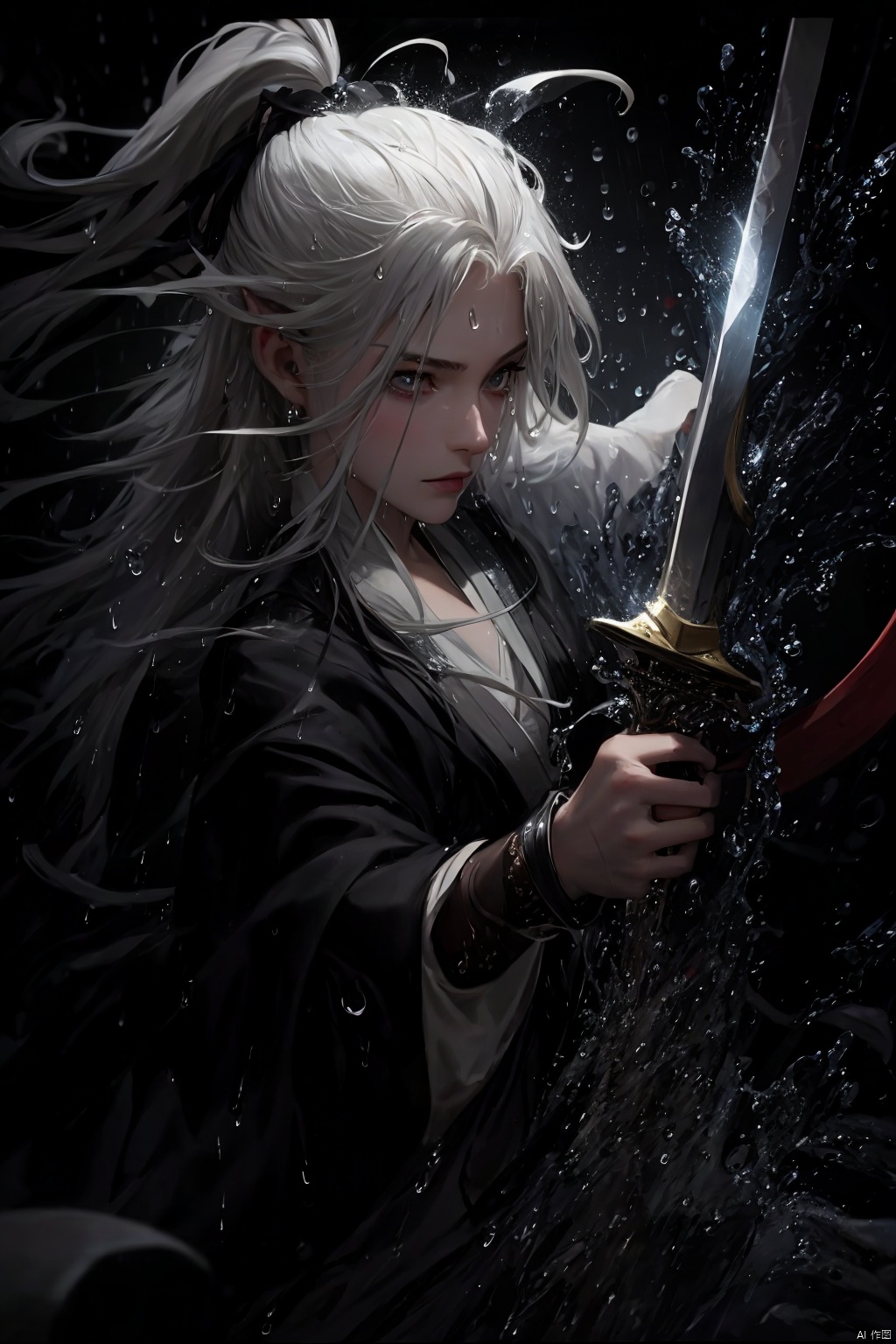 High detailed,  masterpiece,  A girl,  Half-body close-up,  solo,  female focus,  Gray hair: 1.35,  long hair,  ponytail,  （Black,  Hanfu|kimono）,  Suspended water waves: 1.5,  Water Droplet Splash: 1.2,  (In the rain: 1.5),  /（Suspension: 1.3),  /,  BREAK,  Handheld: 1.31/(swords.),  Blade,  / Sword hilt,  scabbard,  Depodh) /,  special effects,  holographic display,  fine gloss,  full length shot,  Oil painting texture,  (Black Background: 1.3),  3D,  Futurism,  ray tracing,  reflection light,  anaglyph,  Surrealism,  motion blur,  cinematic lighting,  motion lines,  Depth of field,  ray tracing,  sparkle,  UHD,  8K,  best quality,  textured skin,  1080P,  ccurate,  lamer,  splash water,<lora:EMS-278642-EMS:0.300000>