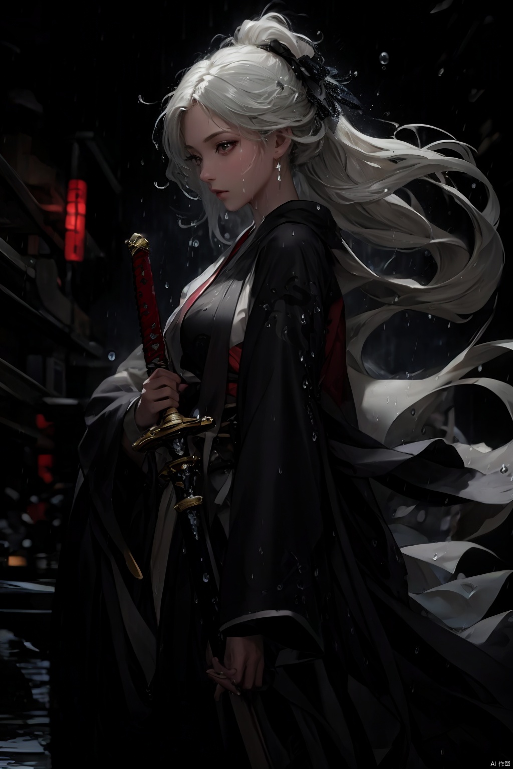 High detailed,  masterpiece,  A girl,  Half-body close-up,  solo,  female focus,  Gray hair: 1.35,  long hair,  ponytail,  （Black,  Hanfu|kimono）,  Suspended water waves: 1.5,  Water Droplet Splash: 1.2,  (In the rain: 1.5),  /（Suspension: 1.3),  /,  BREAK,  Handheld: 1.31/(swords.),  Blade,  / Sword hilt,  scabbard,  Depodh) /,  special effects,  holographic display,  fine gloss,  full length shot,  Oil painting texture,  (Black Background: 1.3),  3D,  Futurism,  ray tracing,  reflection light,  anaglyph,  Surrealism,  motion blur,  cinematic lighting,  motion lines,  Depth of field,  ray tracing,  sparkle,  UHD,  8K,  best quality,  textured skin,  1080P,  ccurate,  lamer,  splash water,<lora:EMS-278642-EMS:0.300000>