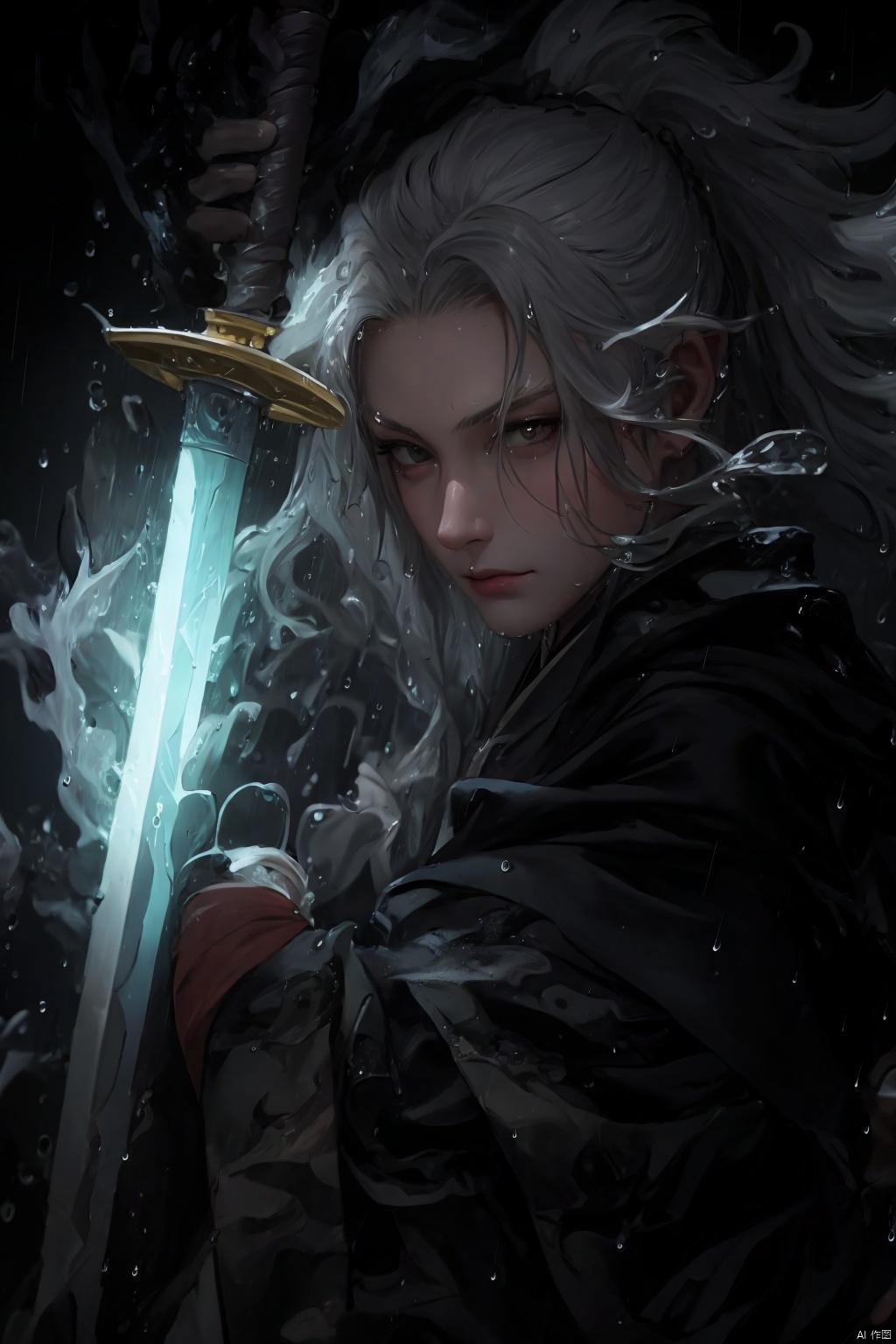 High detailed,  masterpiece,  A girl,  Half-body close-up,  solo,  female focus,  Gray hair: 1.35,  long hair,  ponytail,  （Black,  Hanfu|kimono）,  Suspended water waves: 1.5,  Water Droplet Splash: 1.2,  (In the rain: 1.5),  /（Suspension: 1.3),  /,  BREAK,  Handheld: 1.31/(swords.),  Blade,  / Sword hilt,  scabbard,  Depodh) /,  special effects,  holographic display,  fine gloss,  full length shot,  Oil painting texture,  (Black Background: 1.3),  3D,  Futurism,  ray tracing,  reflection light,  anaglyph,  Surrealism,  motion blur,  cinematic lighting,  motion lines,  Depth of field,  ray tracing,  sparkle,  UHD,  8K,  best quality,  textured skin,  1080P,  ccurate,  lamer,  splash water,<lora:EMS-278642-EMS:0.300000>