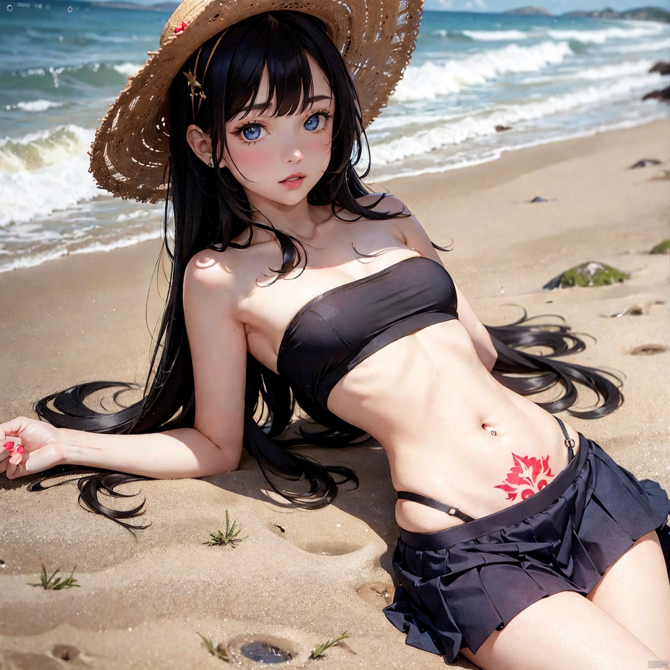 A 10-years-old little whore, with long wavy black hair and blunt bangs, wearing a strapless crop top., (she is wearing a straw hat, and displaying a tattoo on her abdomen just below her navel—a design known as "abdomentattoo1."), Her blue eyes look directly at the viewer., Her lips are red from lipstick., shot with depth, dutch angle,depth of field, She has healthy body and flat stomach., She wears a pleated skirt and enjoys the outdoors., She sits on the sandy beach in the dead of night by the seaside, captured in a Polaroid photo, .,Her figure illuminated faintly by the moonlight., The image has a soft and nostalgic glow that adds to its vintage appeal.,