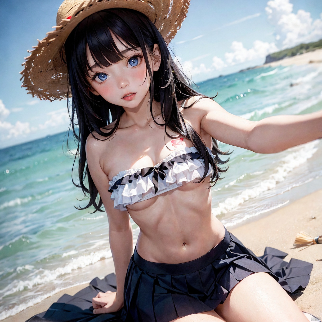 A 10-years-old little whore, with long wavy black hair and blunt bangs, wearing a strapless crop top., (she is wearing a straw hat, and displaying a tattoo on her abdomen just below her navel—a design known as "abdomentattoo1."), Her blue eyes look directly at the viewer., Her lips are red from lipstick., shot with depth, dutch angle,depth of field, She has healthy body and flat stomach., She wears a pleated skirt and enjoys the outdoors., She sits on the sandy beach in the dead of night by the seaside, captured in a Polaroid photo, .,Her figure illuminated faintly by the moonlight., The image has a soft and nostalgic glow that adds to its vintage appeal.,