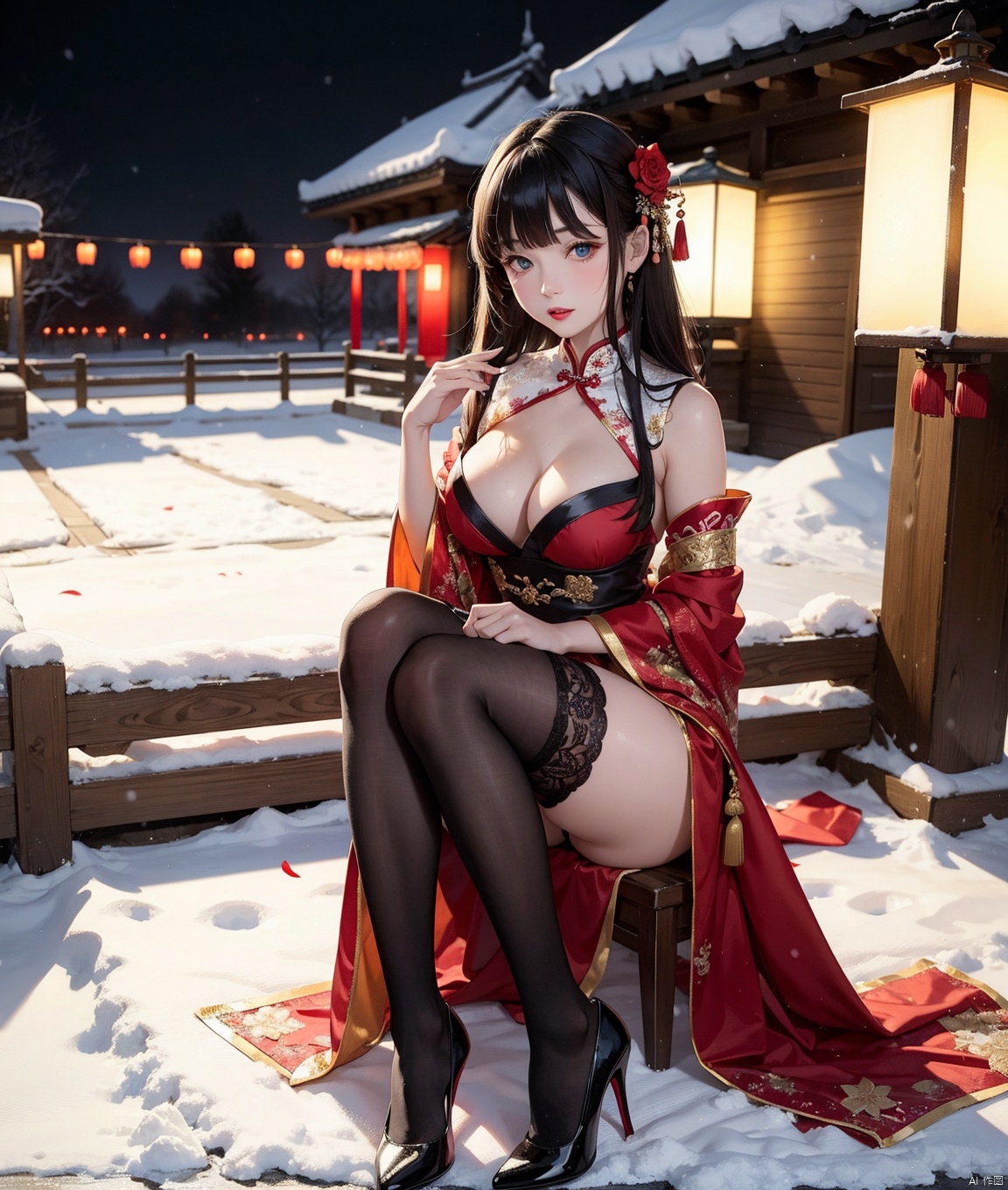 The setting is a quiet roadside in the deep of night, enveloped in a dim and almost eerie stillness, The faint glow of a distant streetlight barely pierces the darkness, casting faint, flickering shadows on the snow-covered ground,The scene is set during the festive atmosphere of the Chinese New Year and Spring Festival,with red lanterns hanging around and the sound of firecrackers echoing in the distance,shot with depth of field,The scene is set deep in the garden,surrounded by a snowy environment with fresh snow covering the ground,celebrating the New Year,A 10-year-old little whore,with long wavy black hair and blunt bangs,Her blue eyes look directly at the viewer,Her lips are red from lipstick,She is wearing hanfu Chinese clothes as a bride,She is wearing thighhighs,She has cleavage with unusual size breasts,She knees together feet apart,The bride is dressed in a traditional Chinese clothes,a form-fitting silk dress adorned with intricate embroidery,symbolizing beauty,The high collar of the clothes elegantly frames her neck,while the side slits reveal a glimpse of her thighhighs,Her thighhighs are made of sheer silk,with delicate lace trim at the top,adding a touch of elegance and sensuality to her bridal attire,Her full figure is elegantly showcased in the traditional Chinese clothes-qipao,with the flowing fabric draping gracefully over her body,accentuating her curves,She stands confidently in a pair of chunky high heels,their bold design adding a modern contrast to her traditional attire,The heels are black with a glossy finish,complementing the overall aesthetic of her bridal look,lxxcxmfei