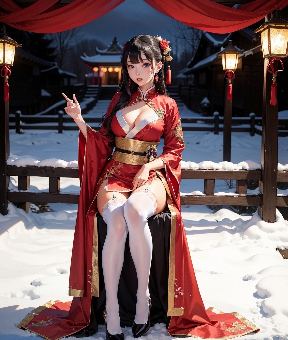 The setting is a quiet roadside in the deep of night, enveloped in a dim and almost eerie stillness, The faint glow of a distant streetlight barely pierces the darkness, casting faint, flickering shadows on the snow-covered ground,The scene is set during the festive atmosphere of the Chinese New Year and Spring Festival,with red lanterns hanging around and the sound of firecrackers echoing in the distance,shot with depth of field,The scene is set deep in the garden,surrounded by a snowy environment with fresh snow covering the ground,celebrating the New Year,A 10-year-old little whore,with long wavy black hair and blunt bangs,Her blue eyes look directly at the viewer,Her lips are red from lipstick,She is wearing hanfu Chinese clothes as a bride,She is wearing thighhighs,She has cleavage with unusual size breasts,She knees together feet apart,The bride is dressed in a traditional Chinese clothes,a form-fitting silk dress adorned with intricate embroidery,symbolizing beauty,The high collar of the clothes elegantly frames her neck,while the side slits reveal a glimpse of her thighhighs,Her thighhighs are made of sheer silk,with delicate lace trim at the top,adding a touch of elegance and sensuality to her bridal attire,Her full figure is elegantly showcased in the traditional Chinese clothes-qipao,with the flowing fabric draping gracefully over her body,accentuating her curves,She stands confidently in a pair of chunky high heels,their bold design adding a modern contrast to her traditional attire,The heels are black with a glossy finish,complementing the overall aesthetic of her bridal look,lxxcxmfei