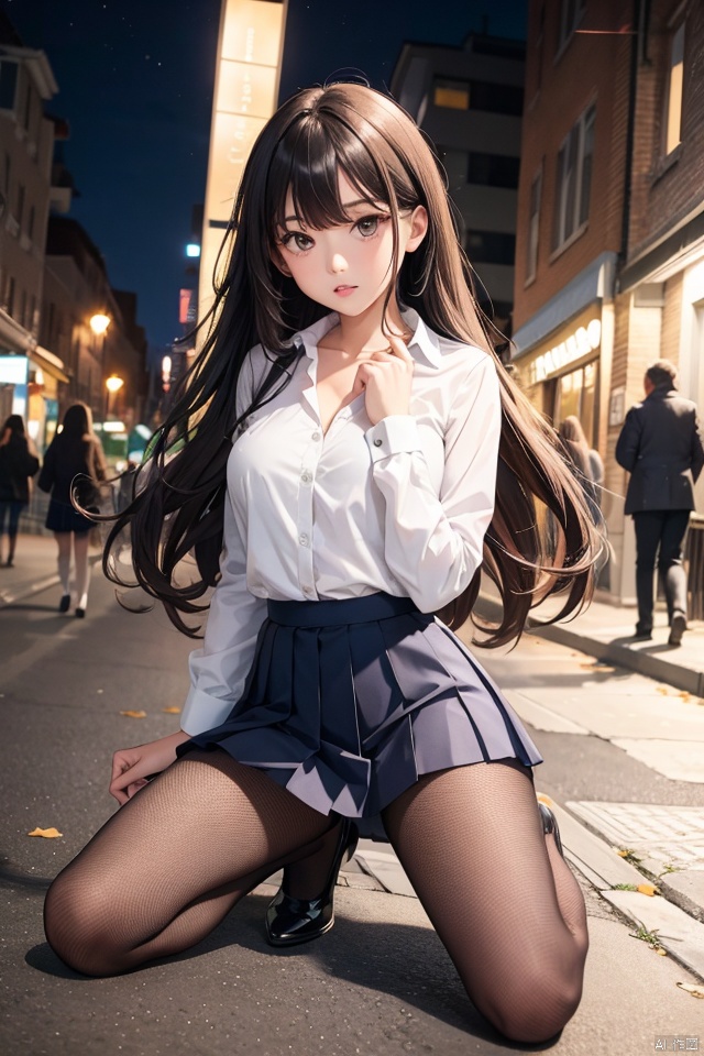  1girl, kneeling,full-body, long wavy hair, parted lips, long hair, bangs,collarbone,Pure white Collar shirt outside,Pleated lace skirt, pantyhose , fishnet pantyhose, Lift up the skirt, open legs Widely,outdoors, night,