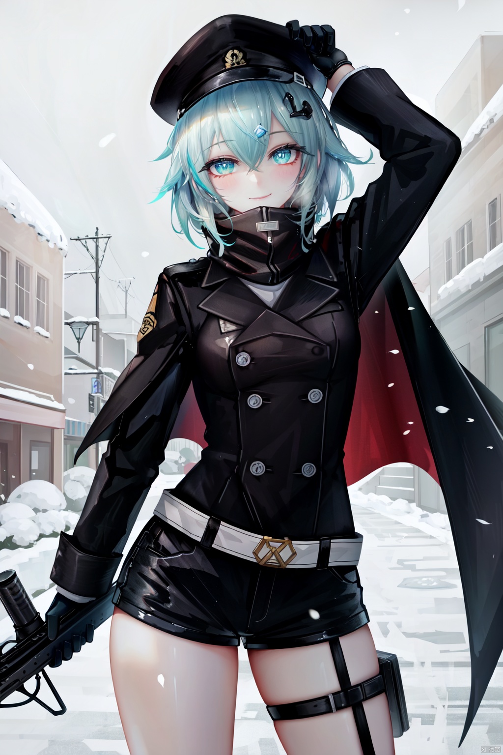 1girl, sinon, gun, solo, weapon, white scarf, hat, holding weapon, looking at viewer, holding gun, hair ornament, bangs, gloves, smile, long sleeves, hair between eyes, white gloves, scarf, military, black shorts, holding, anti-materiel rifle, black headwear, belt, hairclip, breasts, rifle, snowing, black jacket, short hair, aqua hair, black cape, jacket, cowboy shot, hand up, military uniform, slit pupils, light particles, shorts, white belt, aqua eyes, thigh strap, arm up, sidelocks, closed mouth, blush, sniper rifle, medium breasts, cape, double-breasted, buttons, energy, magic, outdoors, glowing, standing, short shorts, uniform, thighs