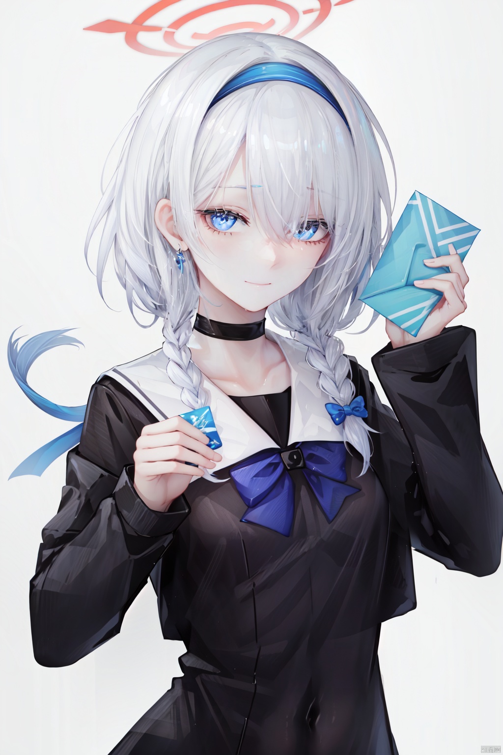 1girl, arona \(blue archive\), solo, hair over one eye, sailor collar, blue eyes, white sailor collar, halo, smile, blue hair, white background, bow, choker, multicolored hair, upper body, long sleeves, braid, looking at viewer, holding, pink hair, simple background, white choker, hairband, white bow, navel, school uniform, shirt, white hairband, closed mouth, bangs, colored inner hair, two-tone hair, blue shirt, holding envelope, blue serafuku, short hair, serafuku, single braid, hand up, bow hairband, puffy long sleeves, ribbon, white ribbon, bowtie, hair ribbon