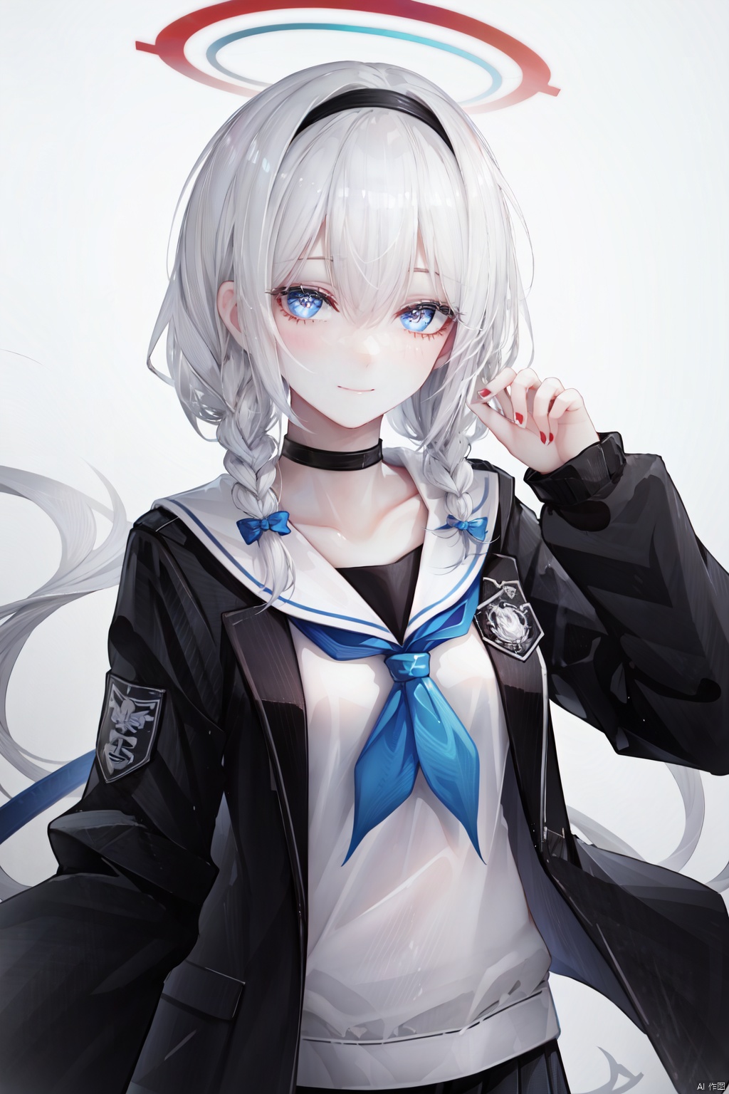 1girl, solo, choker, school uniform, white background, smile, hairband, long hair, halo, looking at viewer, simple background, grey eyes, neckerchief, serafuku, sailor collar, white hair, bangs, pantyhose, long sleeves, jacket, collarbone, black choker, braid, white neckerchief, black hairband, ribbon, blush, hair ribbon, closed mouth