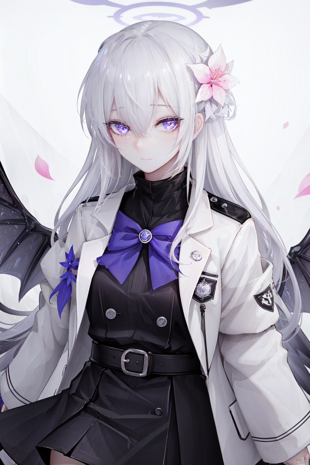 1girl, azusa \(blue archive\), flower, hair flower, hair ornament, solo, wings, halo, long hair, white background, white hair, looking at viewer, bangs, long sleeves, purple flower, simple background, hair between eyes, purple eyes, sailor collar, hand up, dress, black sailor collar, crossed bangs, white jacket, closed mouth, black dress, feathered wings, feathers, jacket, pink flower, very long hair, pocket, white wings, school uniform, low wings