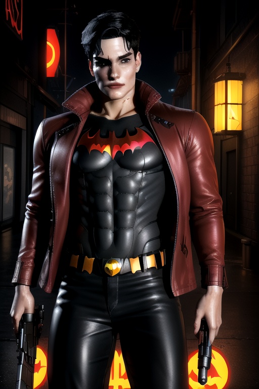 Jason Todd is a 19 year old young man. Black hair,  white streak hair,  amber eyes. Slim body. He wears a baggy black shir...