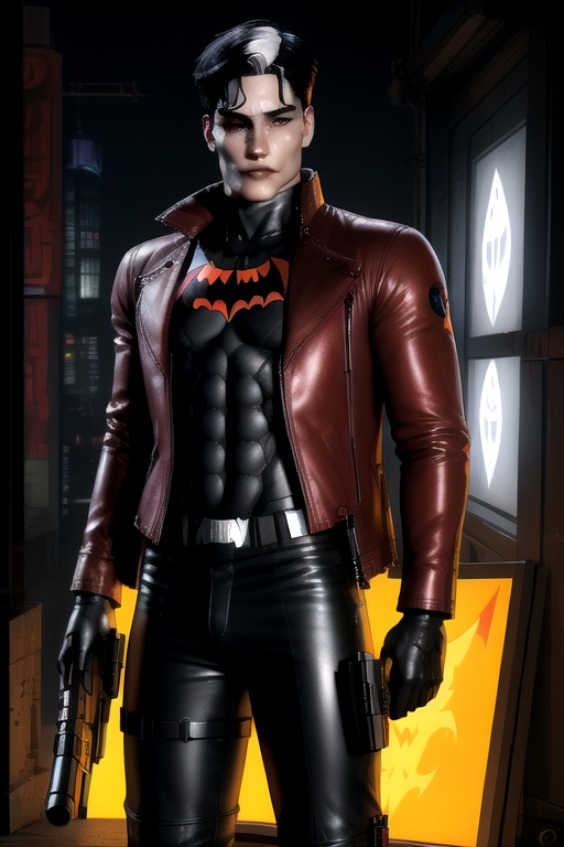 Jason Todd is a 19 year old young man. Black hair,  white streak hair,  amber eyes. Slim body. He wears a baggy black shir...
