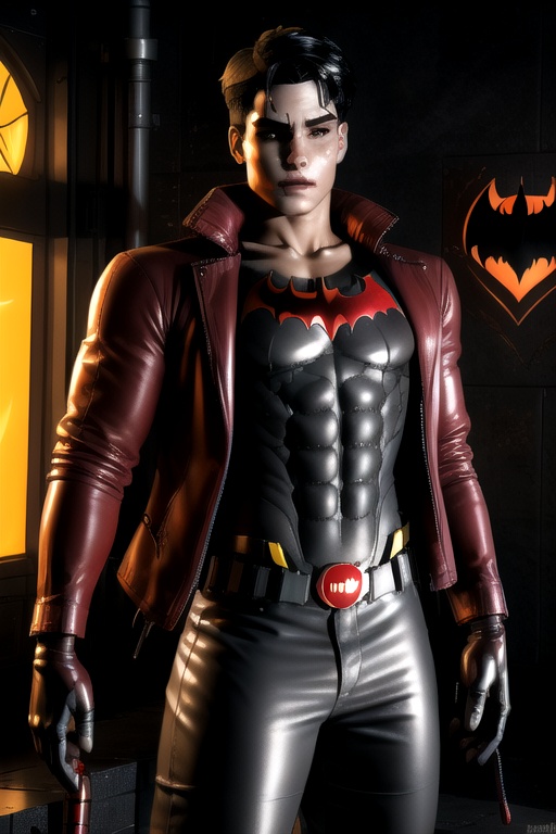 Jason Todd is a 19 year old young man. Black hair,  white streak hair,  amber eyes. Slim body on Tensor.Art